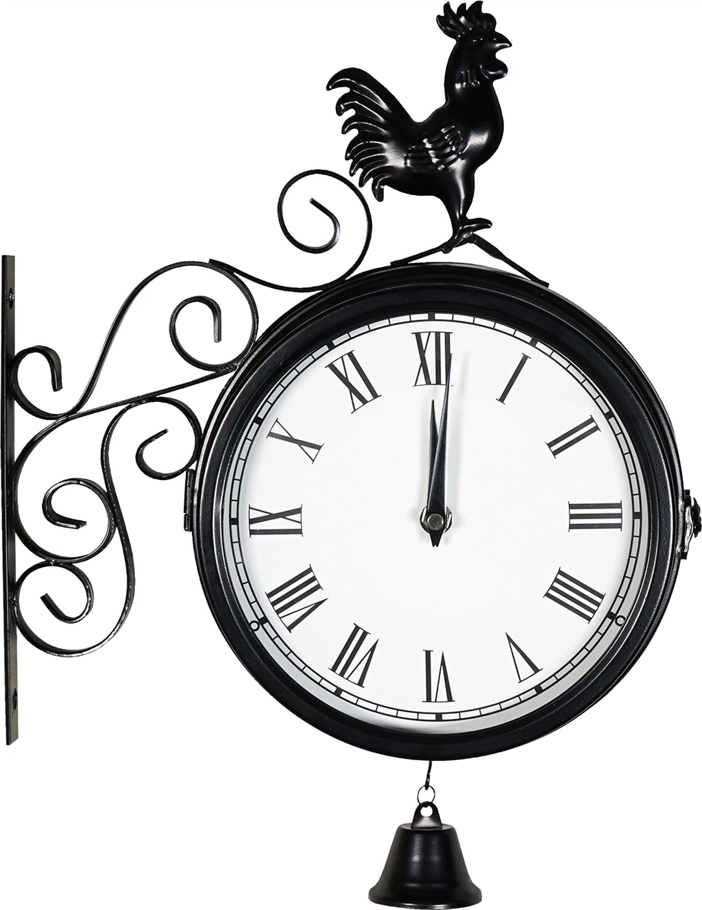 Large Double Sided Outdoor Station Wall Clock Retro Metal Rooster with Iron Bracket