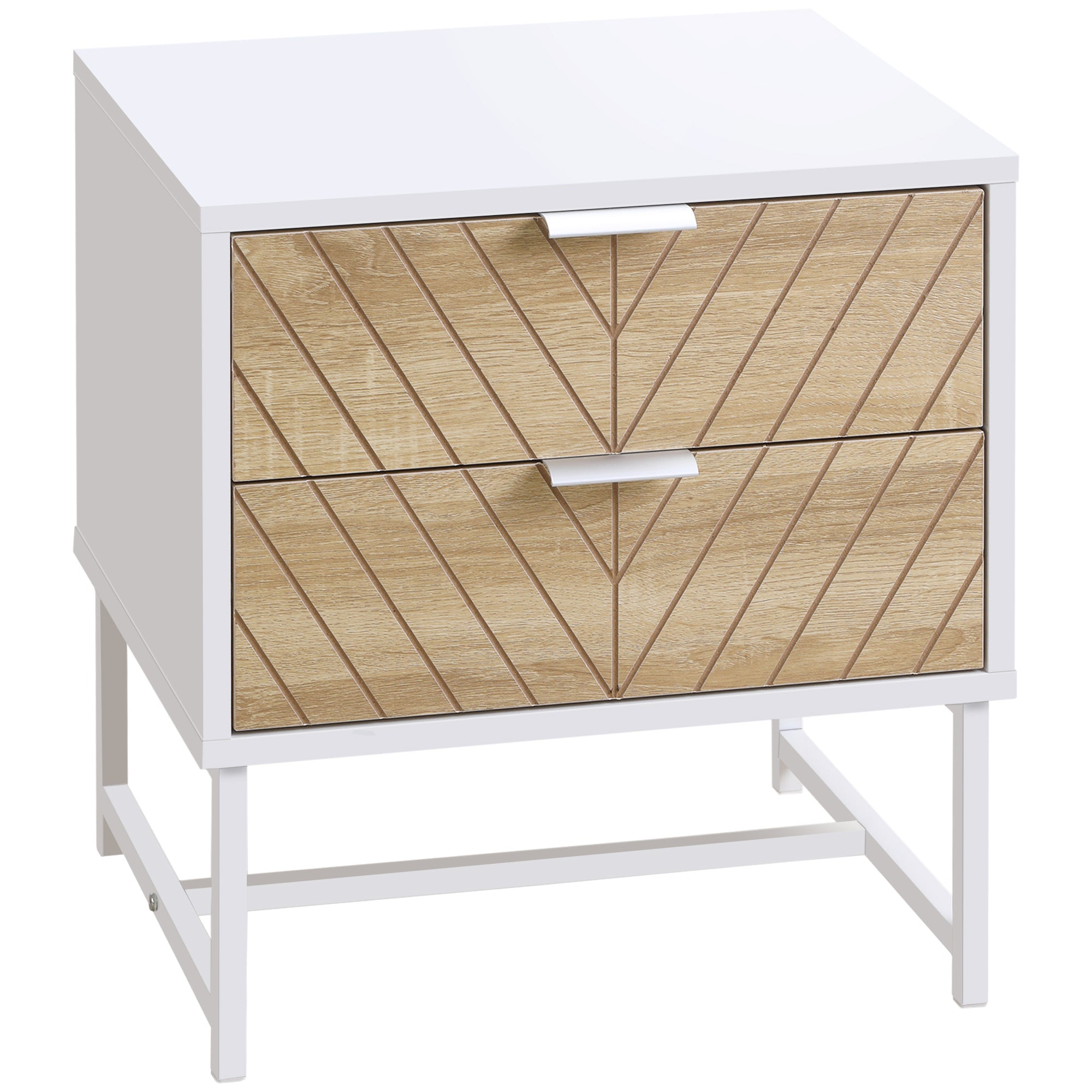MCL Modern Bedside Table with Drawers and Metal Frame, Sofa Side Table for Bedroom Living Room, White and Oak