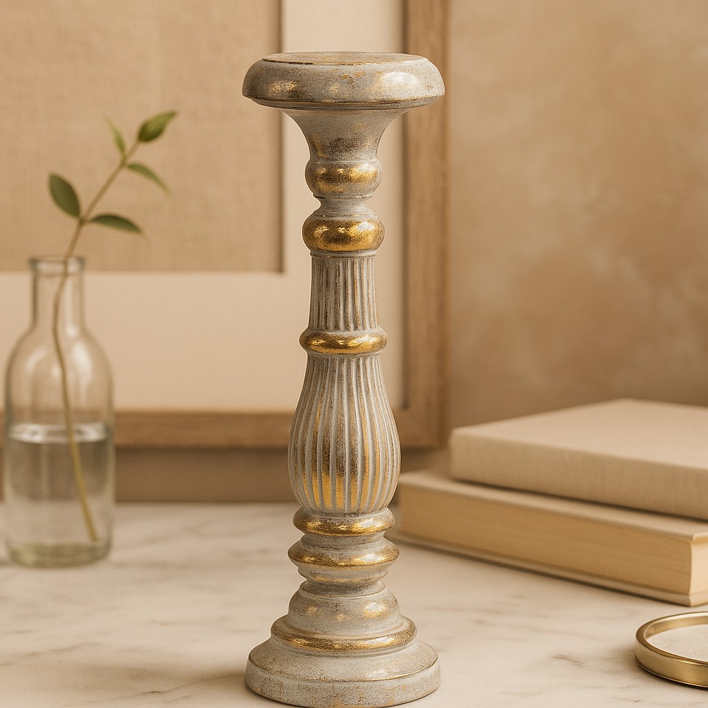Candle Holder Large Wooden White Gold