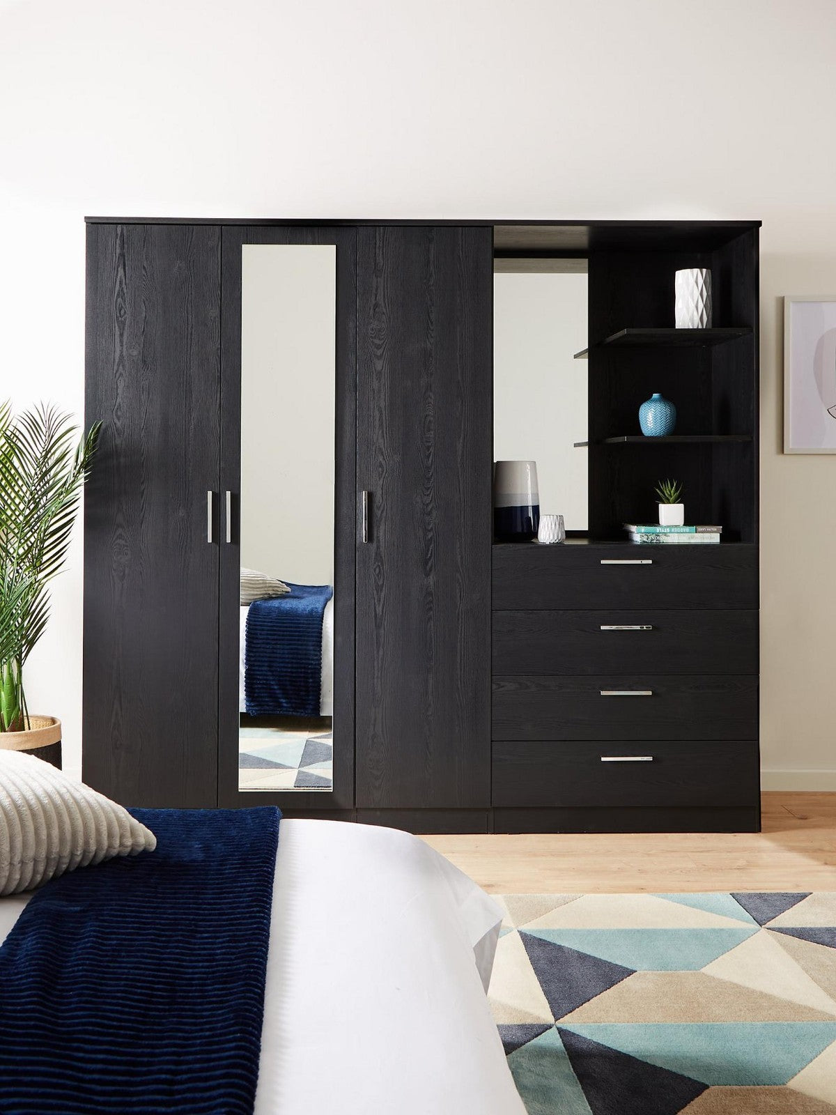 Panama Door Drawer Combi Wardrobe Black | Mirror & Shelves