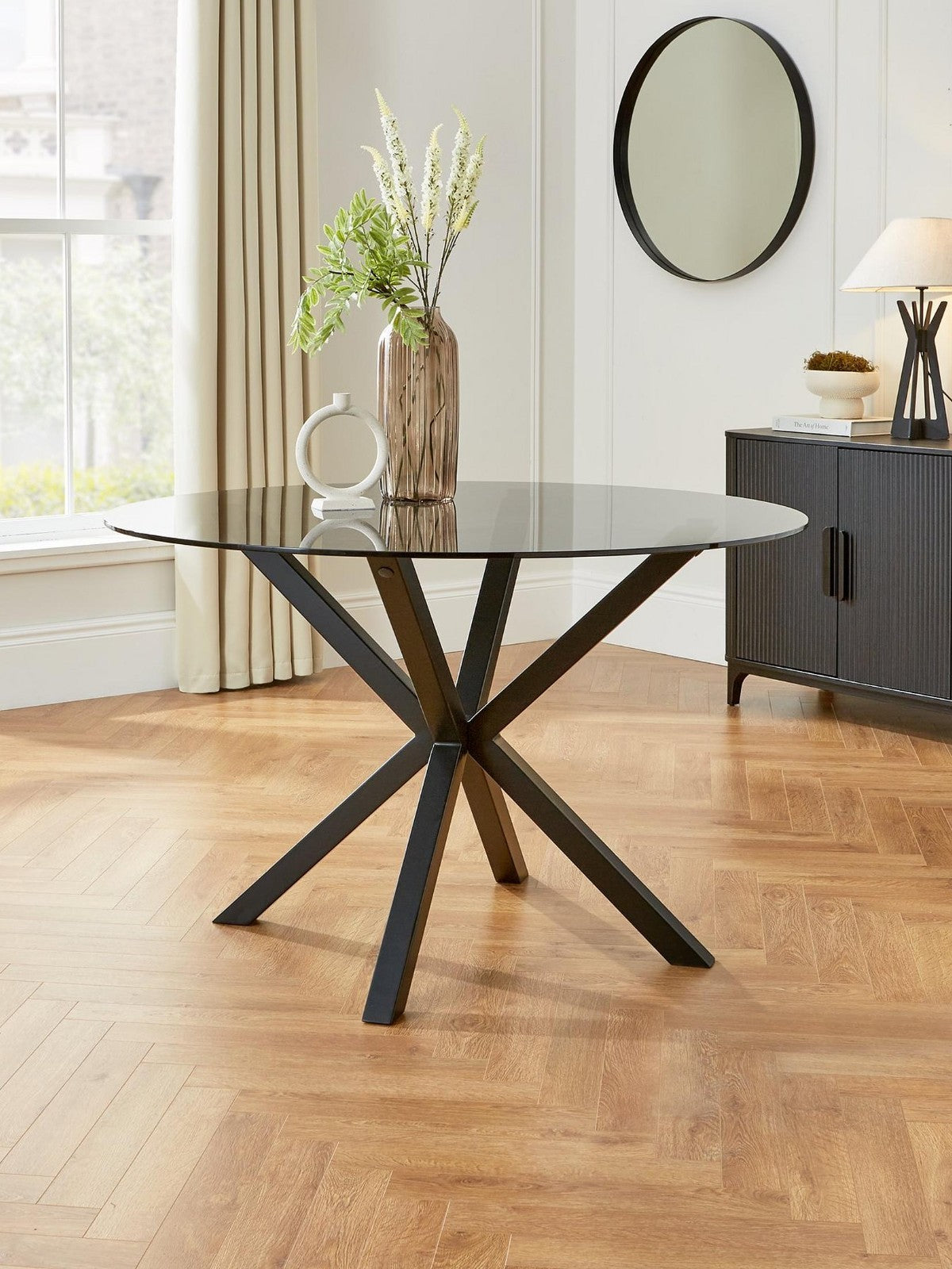 Chopstick Round Dining Table Black | Glass Top