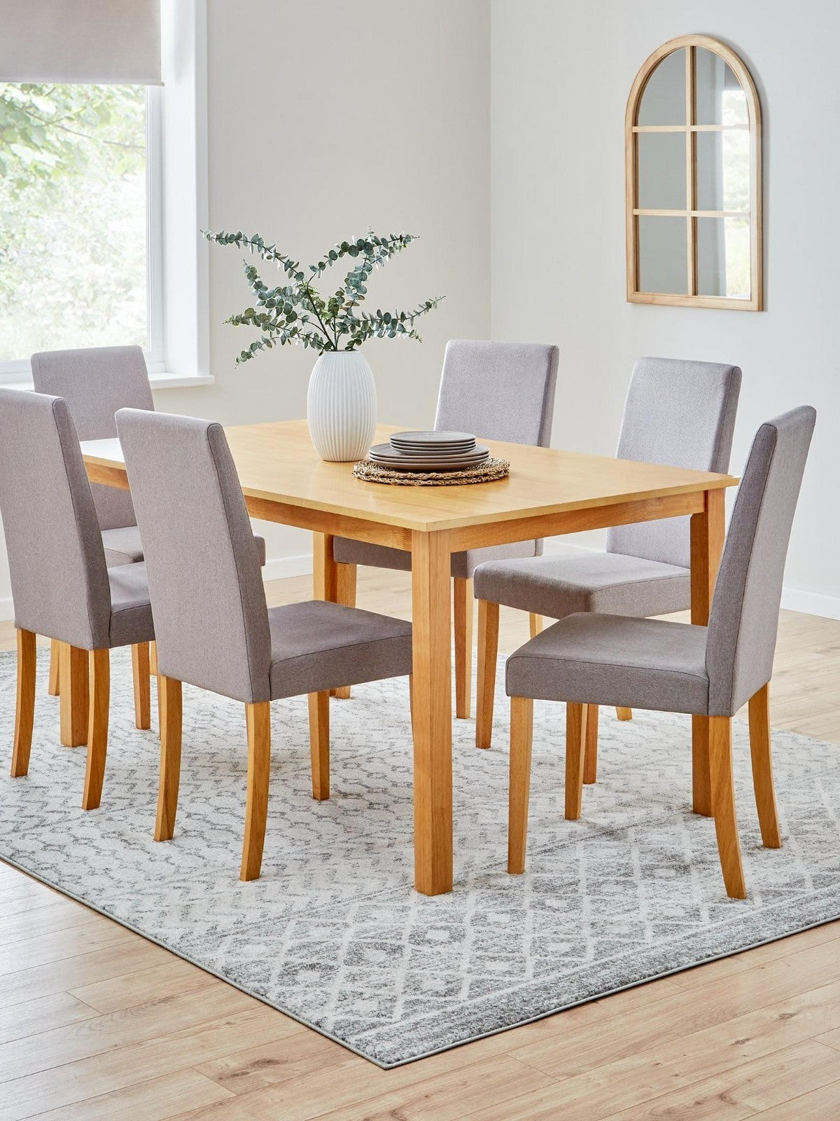 Primo Dining Table & Fabric Chairs Set Wood Grey Modern
