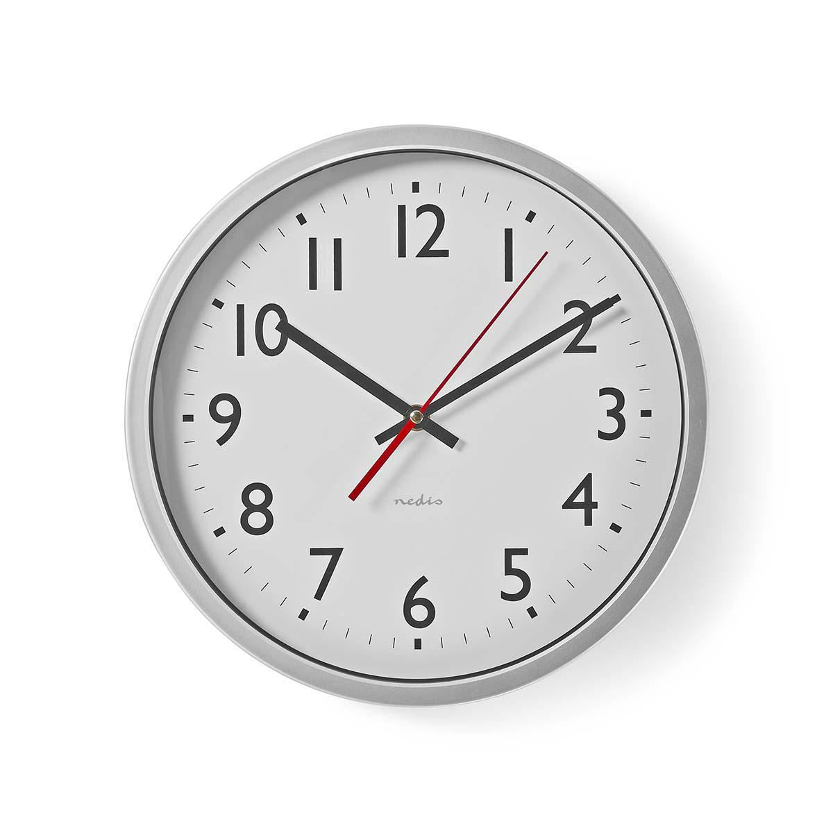 Nedis Wall Clock with Easy Read Numbers, Silent Movement, Battery Powered - Silver White