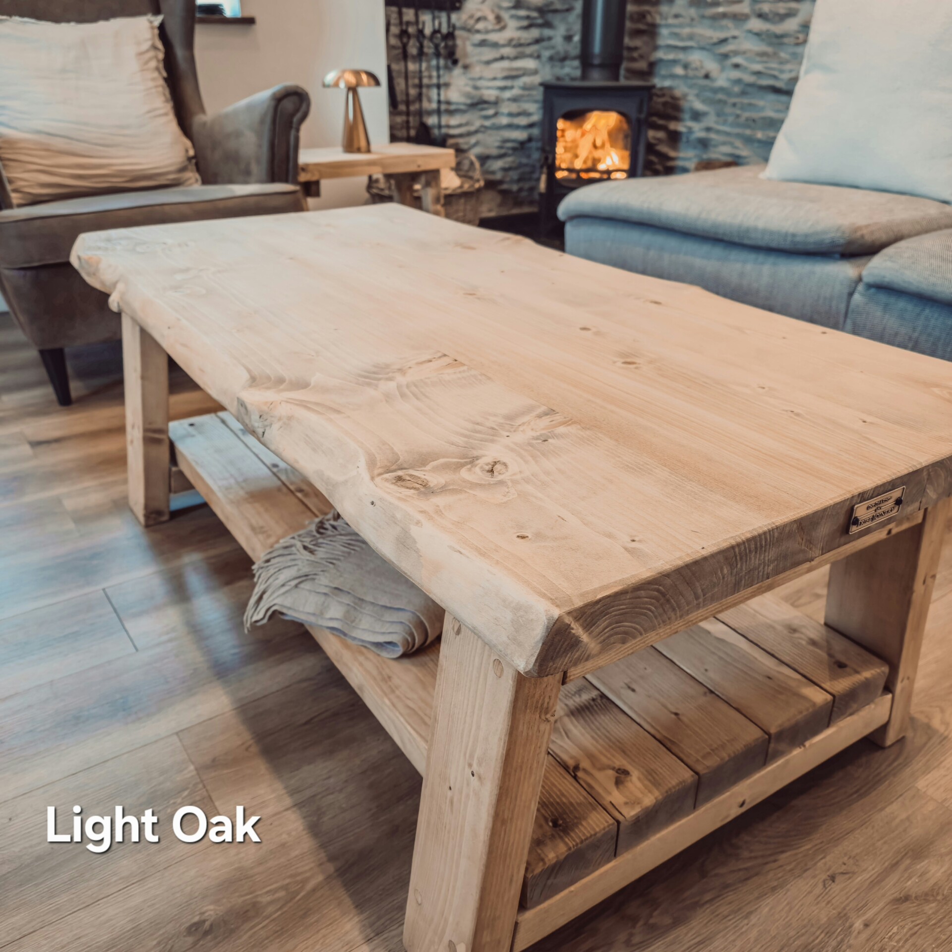 Cara Live Edge Rustic Wooden Coffee Table With Shelf - x Dark Oak