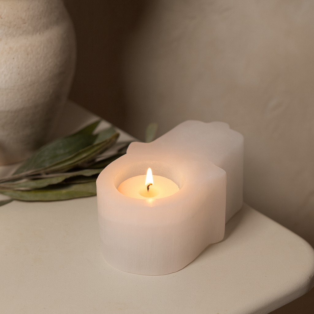 Selenite Candle Holder Hamsa Hand