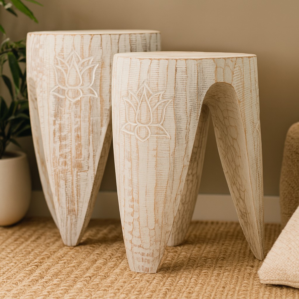Table and Stool Set of Whitewash Large