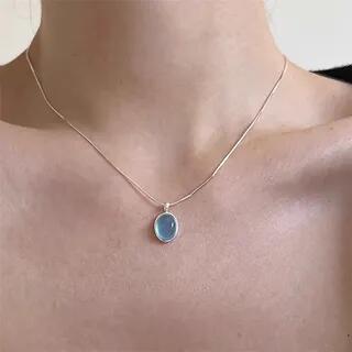 Faux Gemstone Pendant S Sterling Silver Choker - Light Blue