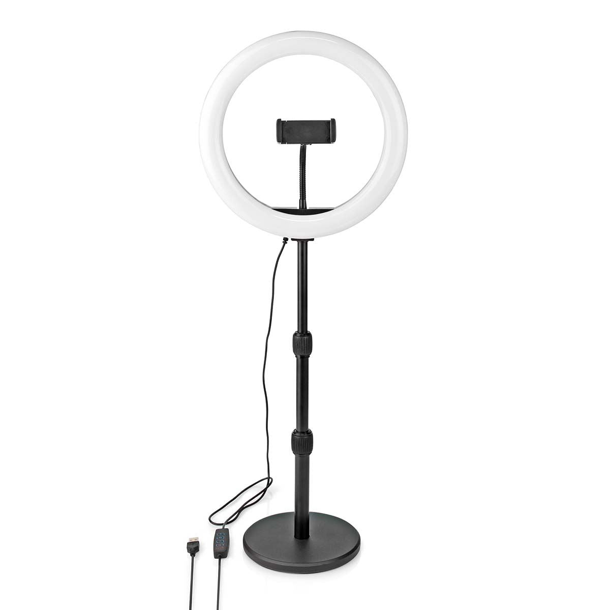 Nedis Ring Light, " LED Ring Lamp with LEDs on Aluminium Table Stand, B Powered, with Flexible Phone Holder, Light Modes