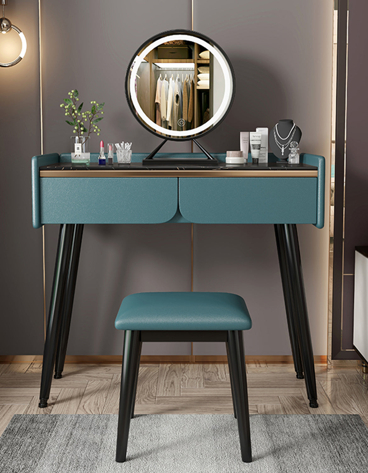 Tulip Dressing Table With LED Mirror And Stool - Bluey-green