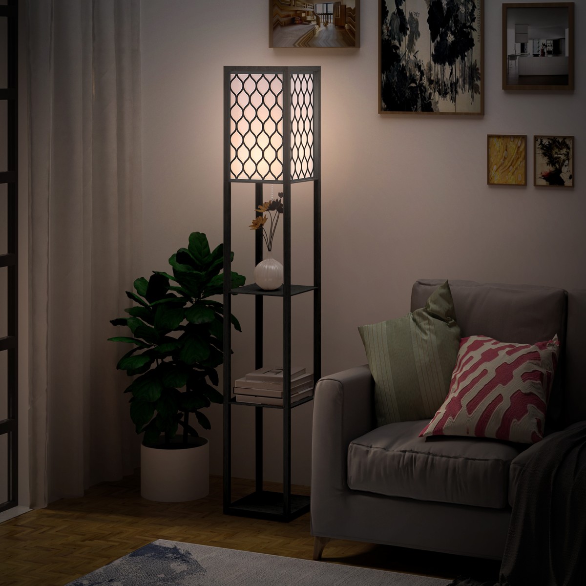HOMCOM Modern Floor Lamp Light with Shelves Fabric Lampshade Black