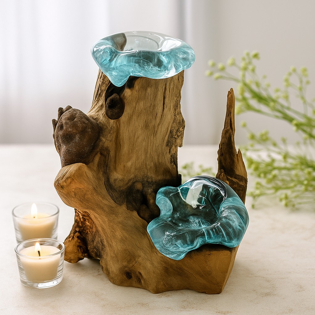 Double Candle Holder, Molten Glass Wood Base