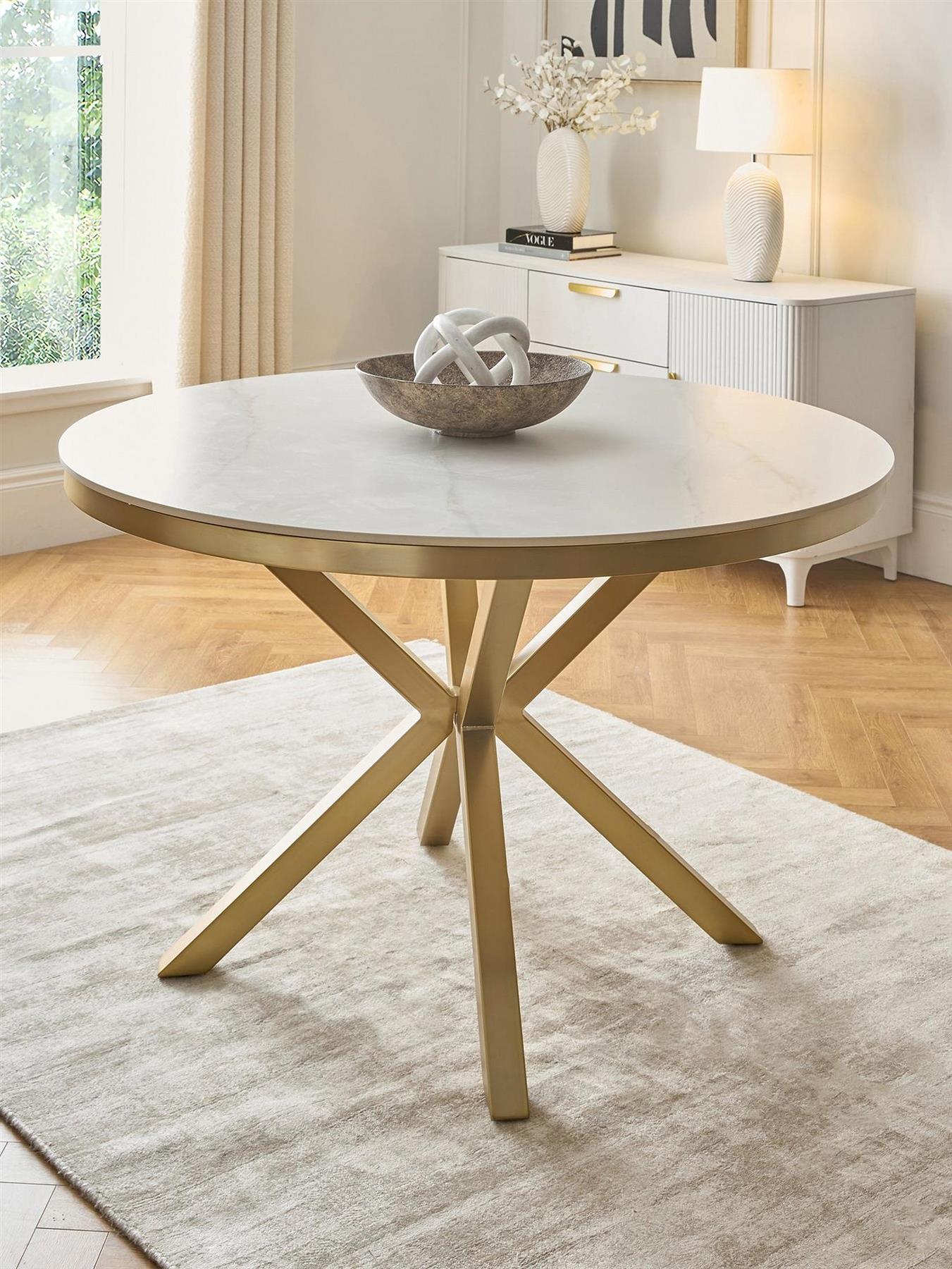 Savannah Round Ceramic Dining Table White Brass Modern Kitchen