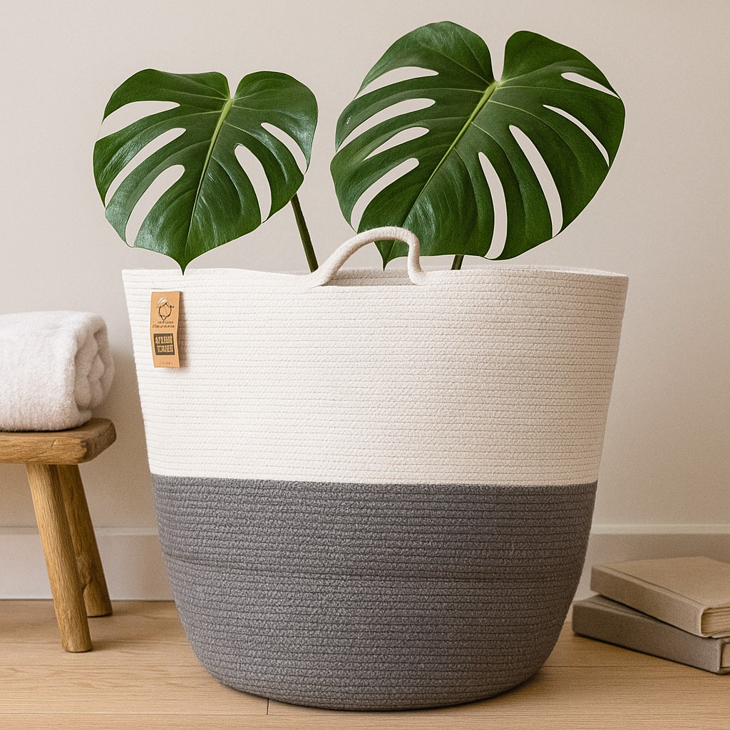 Laundry Storage Basket Cotton Rope Grey Cream x