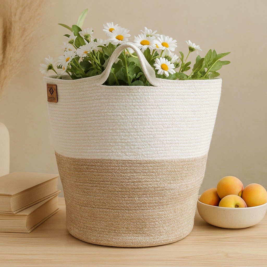 Laundry Storage Basket Cotton Rope Beige White x