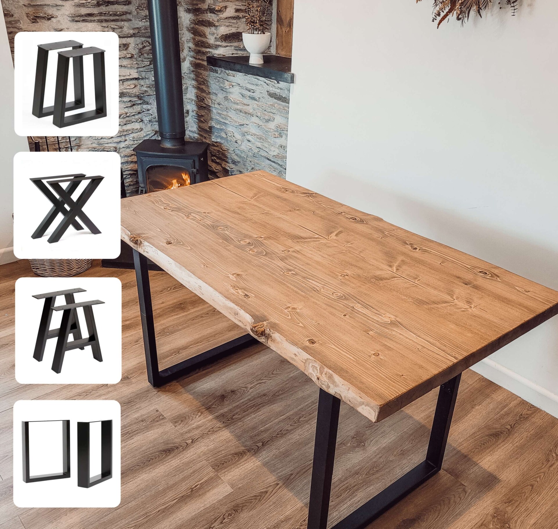 Live Waney Edge Dining Table With Types of Metal Legs - Light Oak x Trapezoid Legs