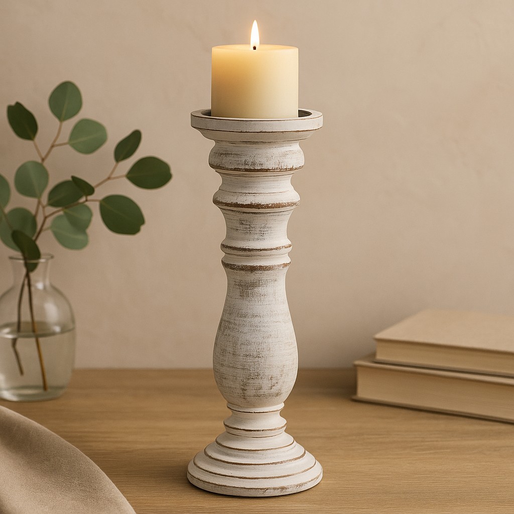 Candle Holder Mango Wood Distressed Whitewashed Tall x