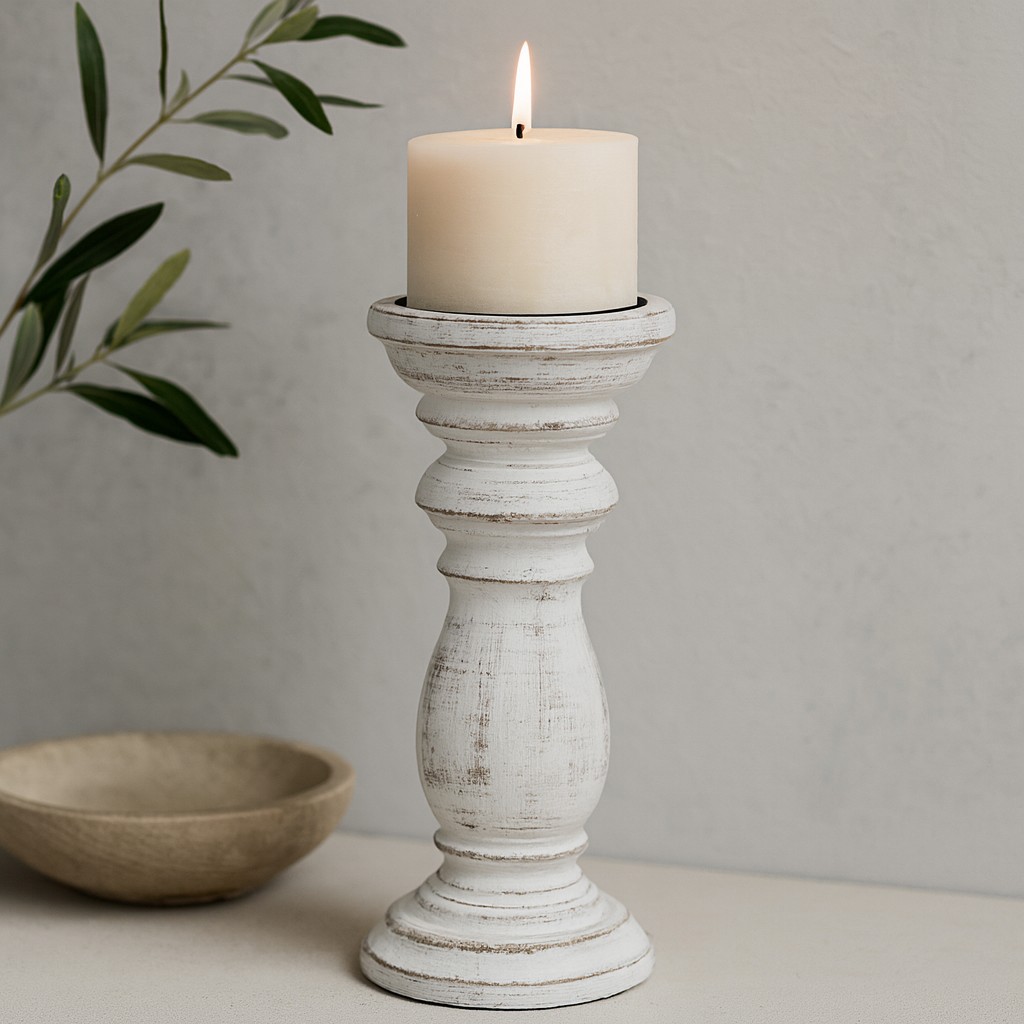 Mango Wood Candle Holder Whitewashed Medium x