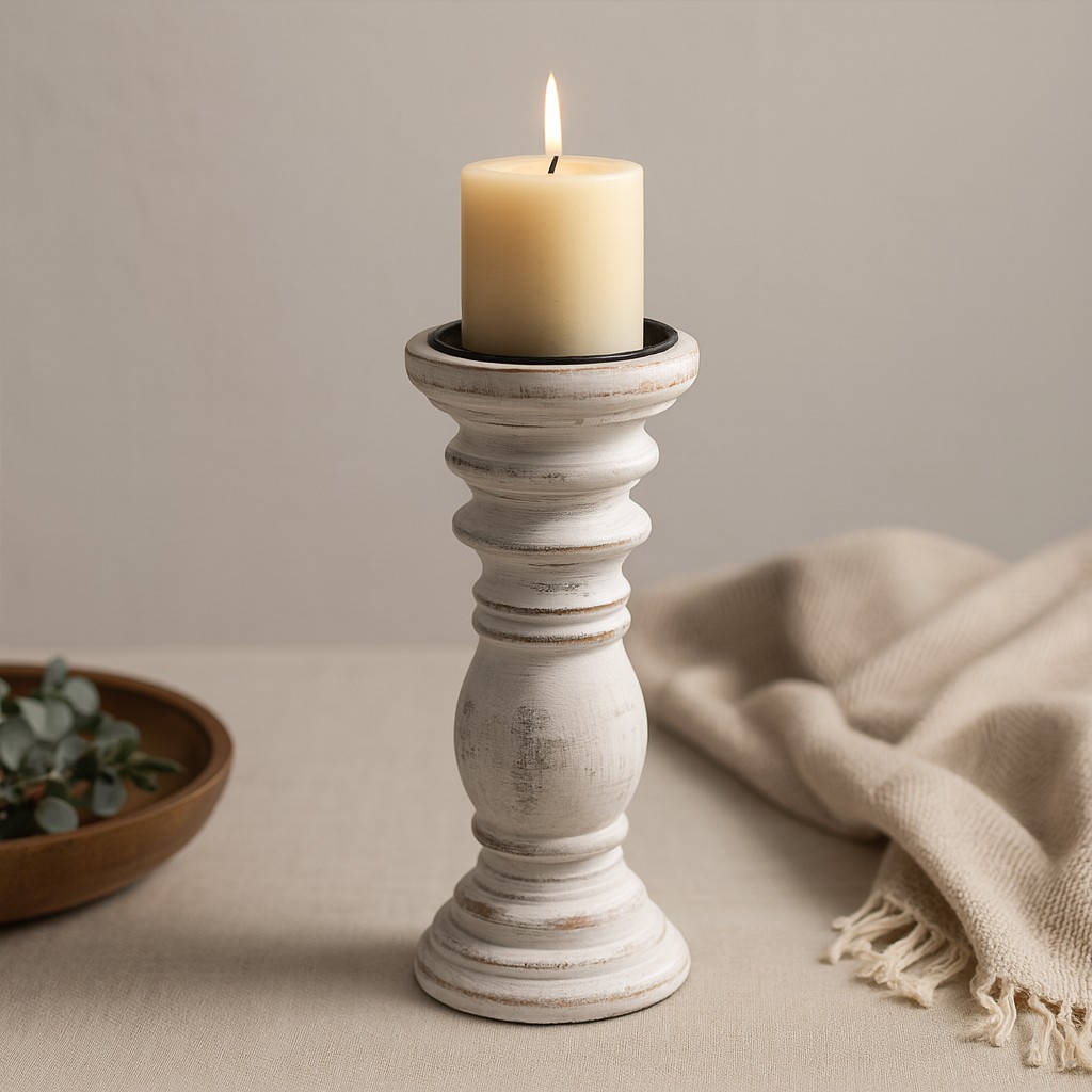 Mango Wood Candle Holder Whitewashed Distressed x