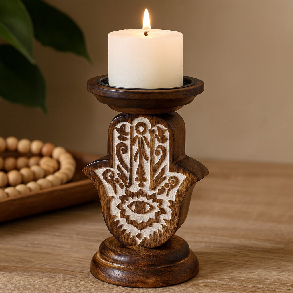 Hamsa Candle Holder Mango Wood, Small x