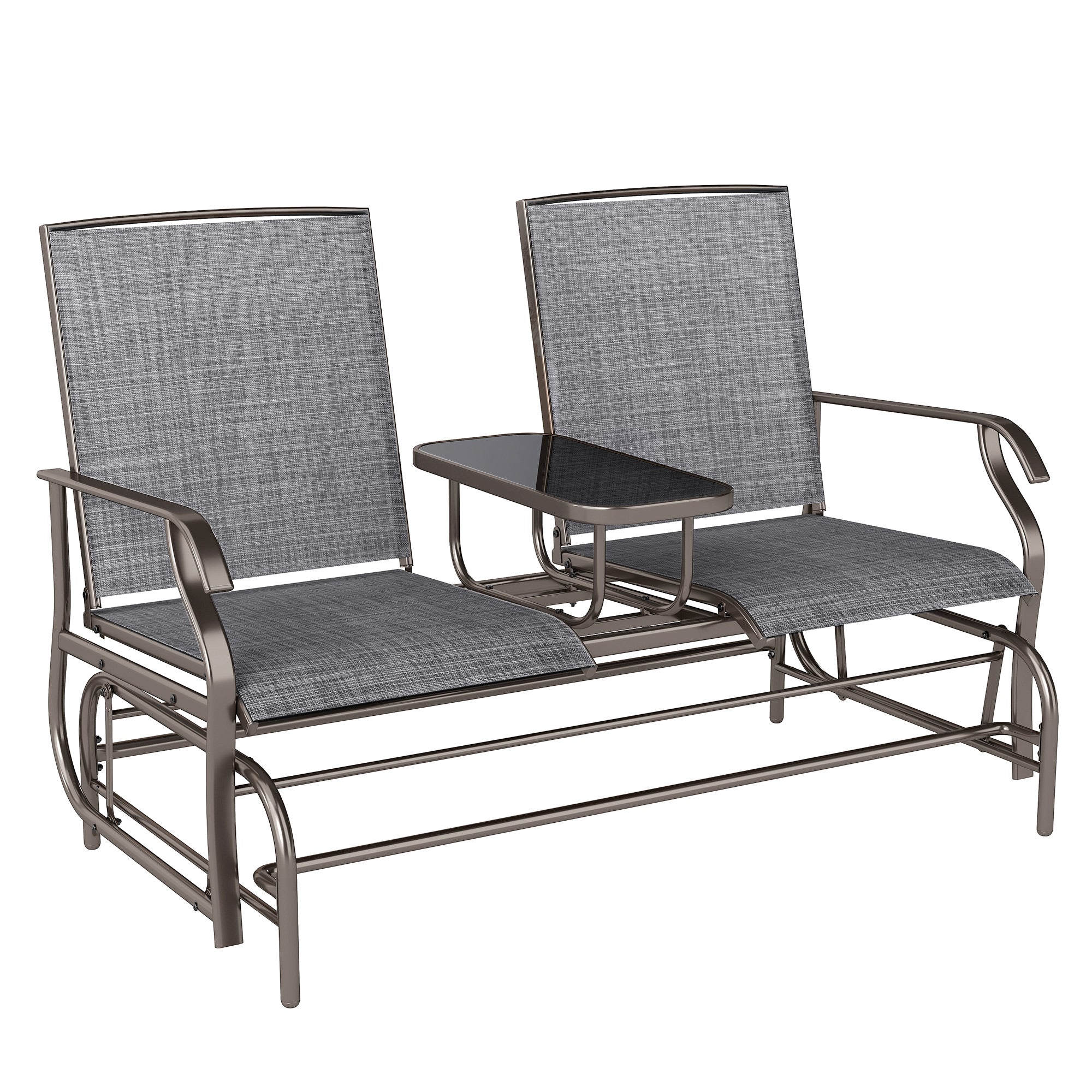 MCL Seats Garden Glider Bench, Metal Frame Loveseat with Glass Top Centre Table, Porch Rocking Glider for Person, for Deck, Patio, Brown Grey