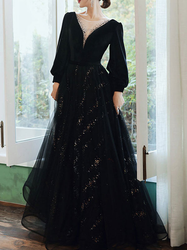 Evening Dress A-Line V-Neck Floor-Length Long Sleeves Lace-up Lace Formal Dinner Dresses