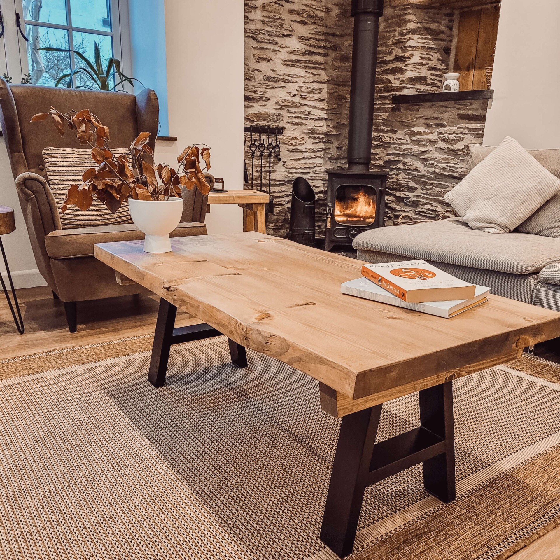 VELA Live Waney Edge Coffee Table With Metal A Frame Legs - LXWXH Light Oak