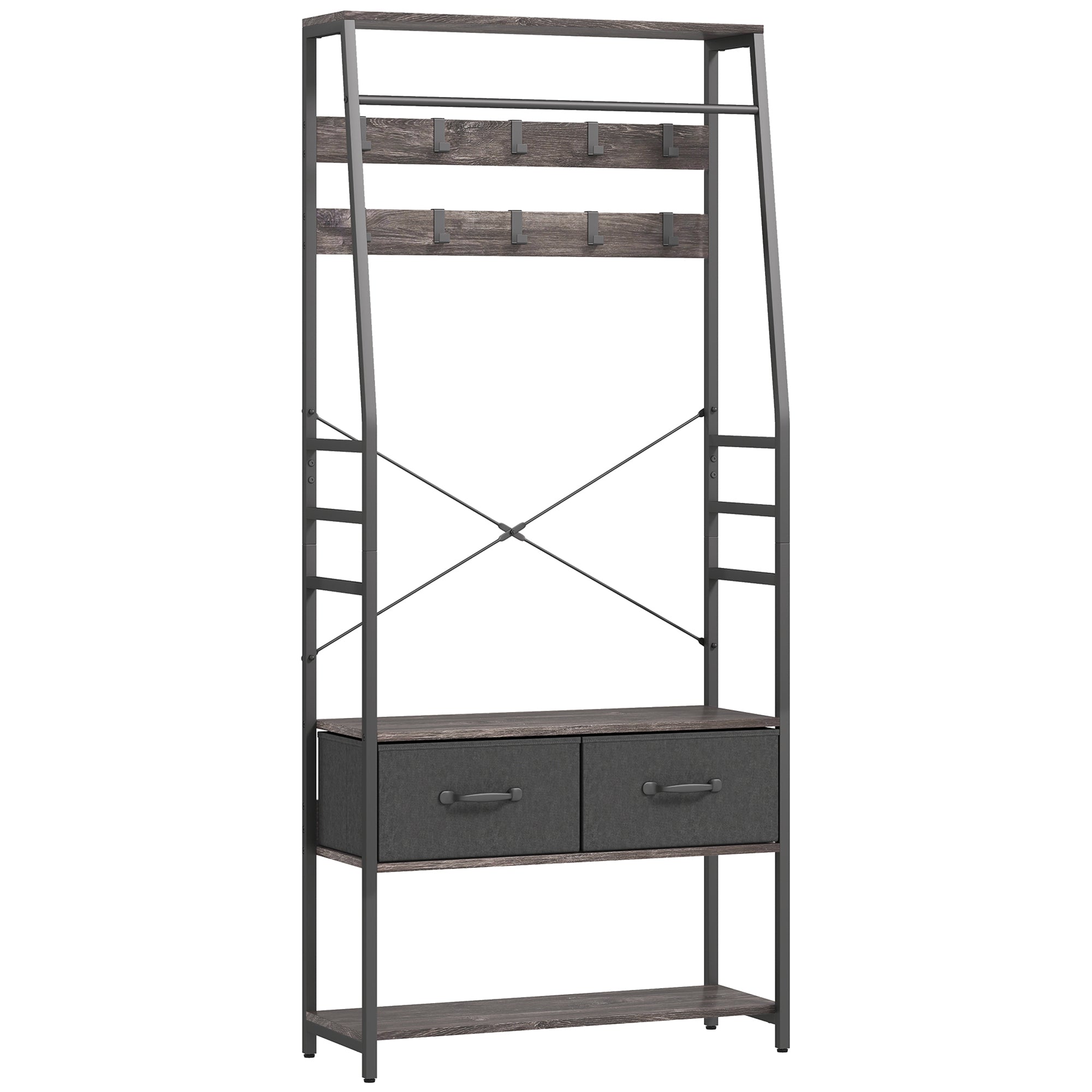 HOMCOM Coat Rack with Shoe Storage, Hall Tree, Industrial Coat Stand with Shoe Bench, Removable Hooks, Fabric Drawers and Clothes Rail for