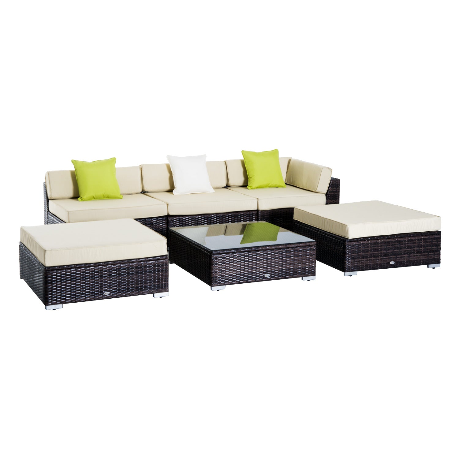 MCL PC Rattan Sofa Coffee Table Set Sectional Wicker Weave Furniture for Garden Outdoor Conservatory w Pillow Cushion Brown