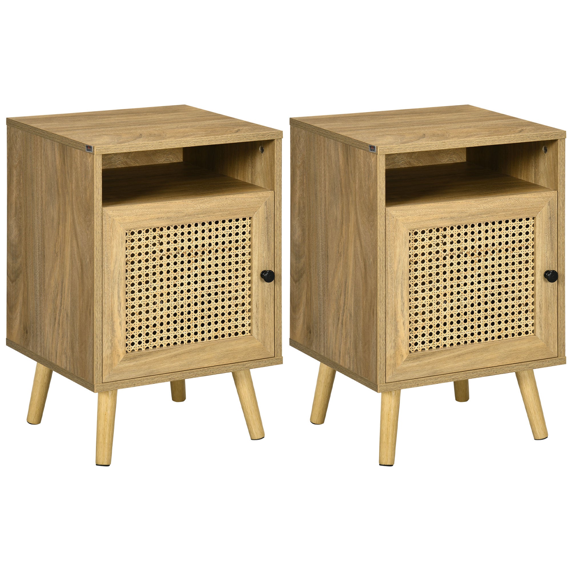 MCL Bedside Table with Rattan Element, Side End Table with Shelf and Cupboard, xx, Set of , Natural