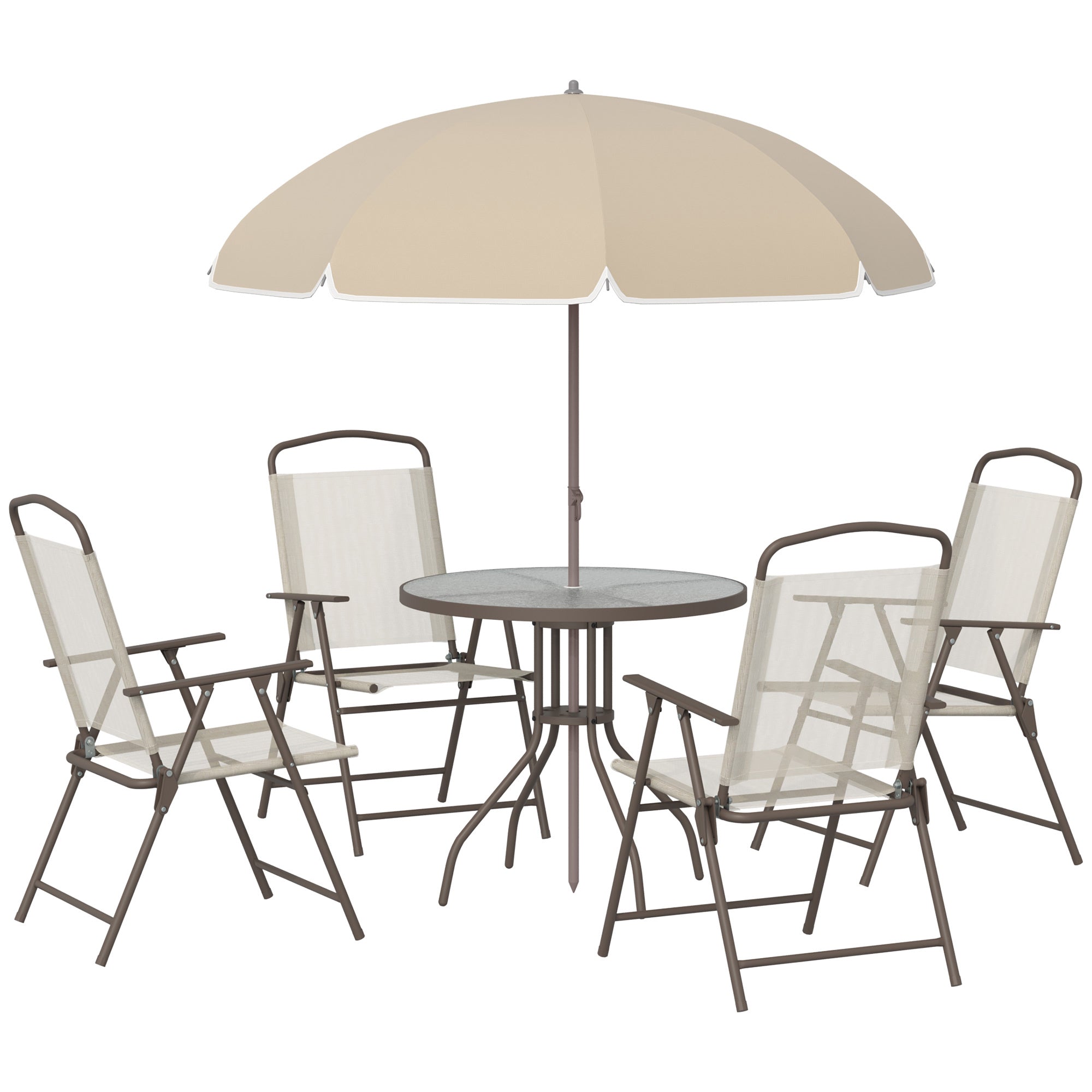 MCL Garden Patio Texteline Folding Chairs Plus Table and Parasol Furniture Bistro Set Pieces - CoffeeCream