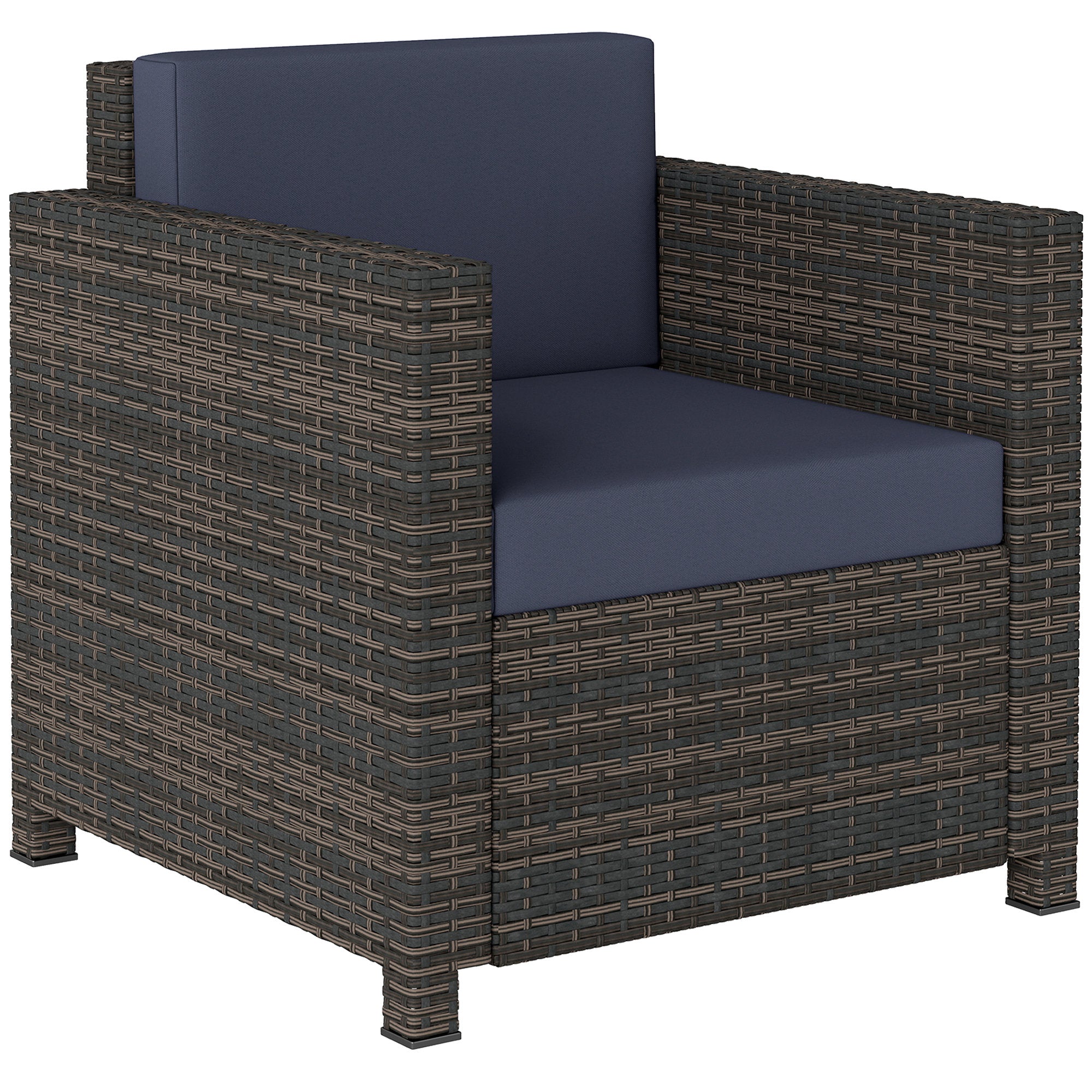 PE Rattan Garden Armchair with Cushion - Mixed BrownNavy Blue