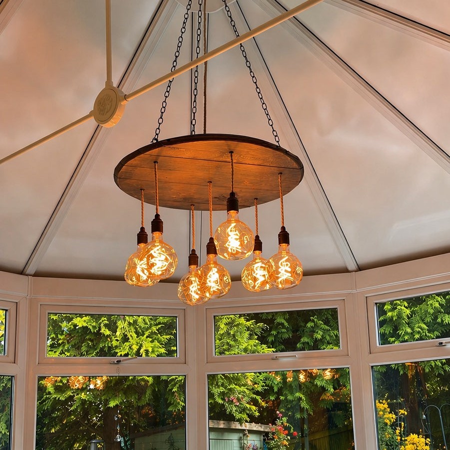Whiskey Barrel Wooden Chandelier Cluster Pendant Light - lamp holders