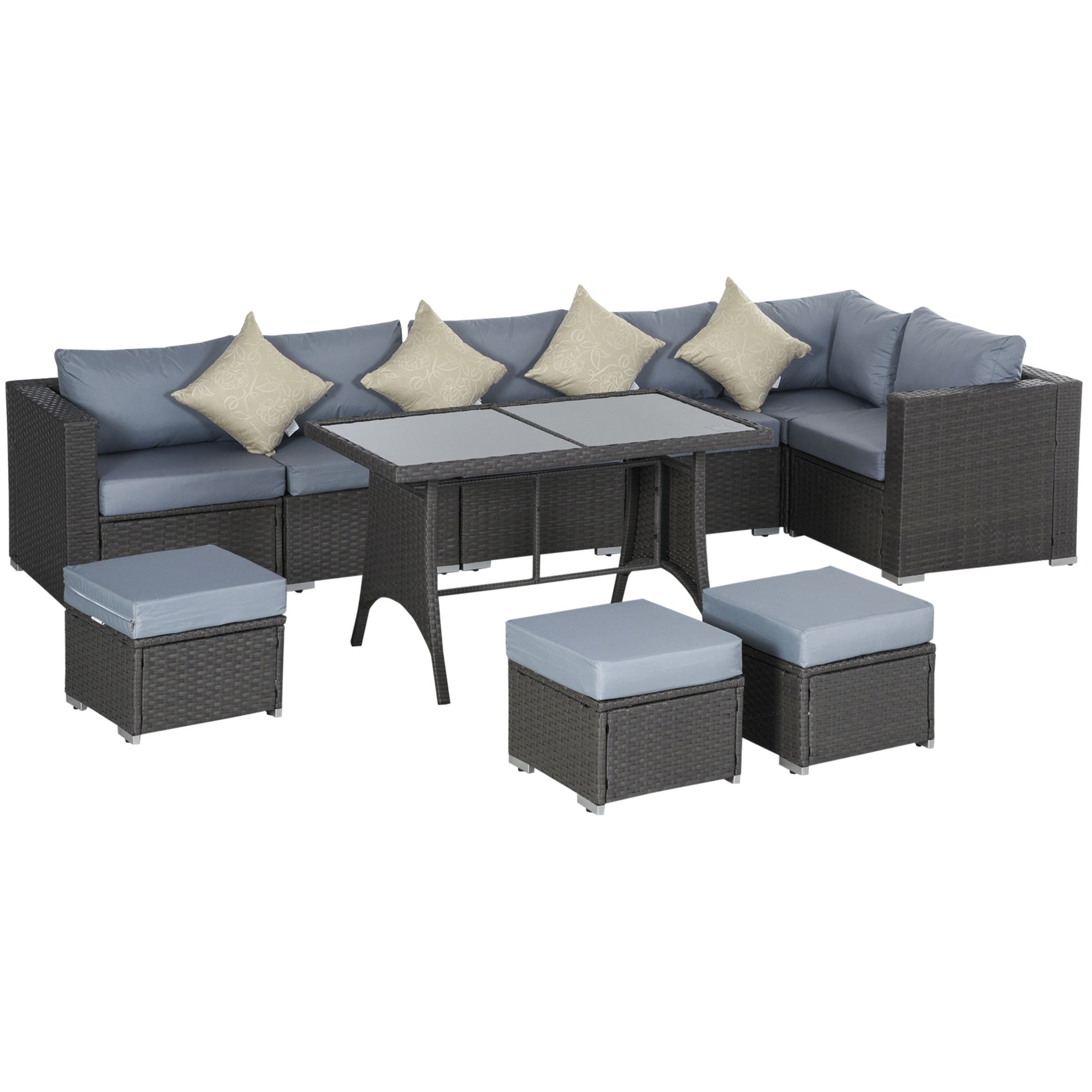 MCL -Seater Garden Rattan Furniture Pcs Rattan Corner Dining Sofa Set, GreyDusty Blue Cushion