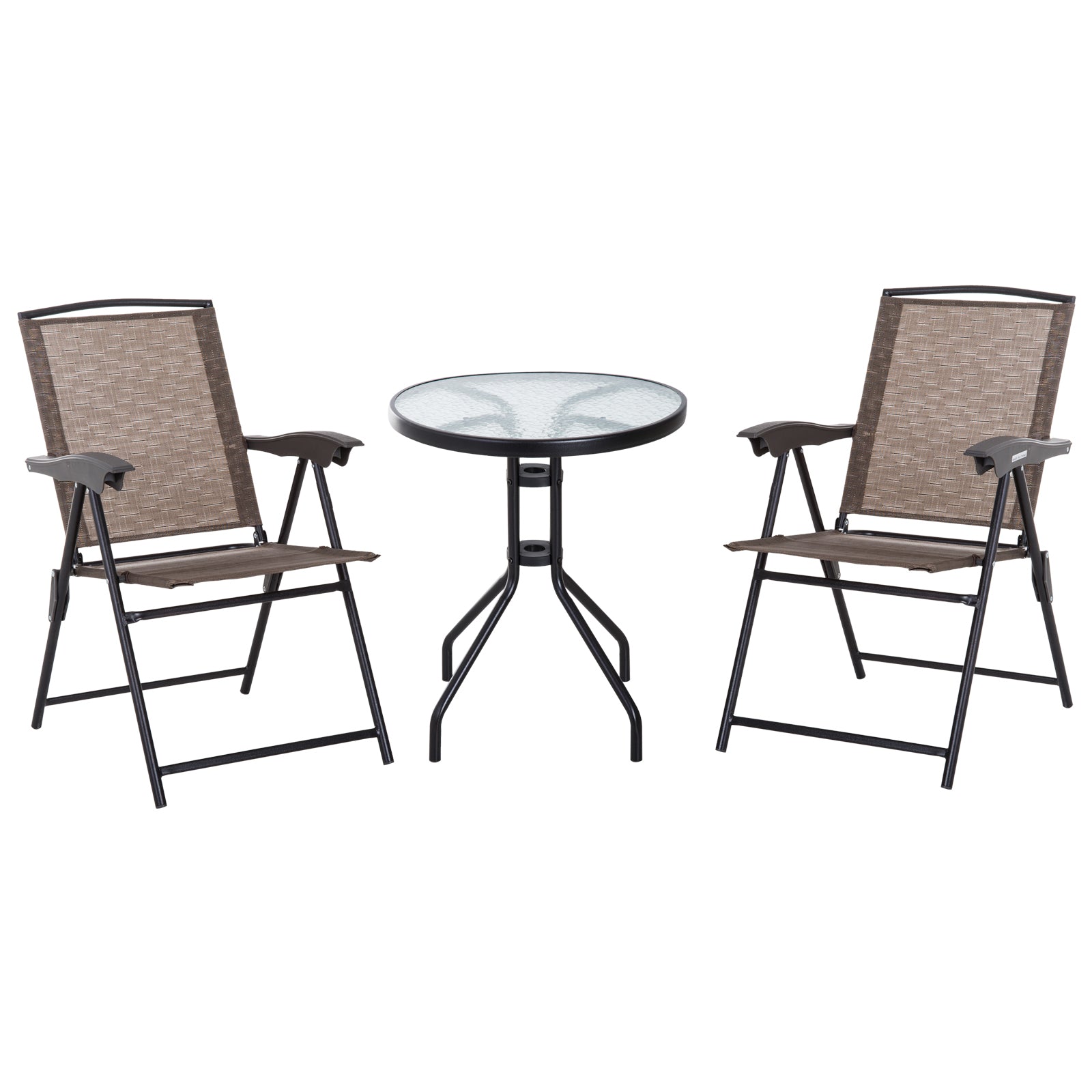 MCL Piece Outdoor Bistro Set, Patio Conversation Furniture Set with Folding Backrest Adjustable Armchairs and Glass Top Coffee Table, Brown