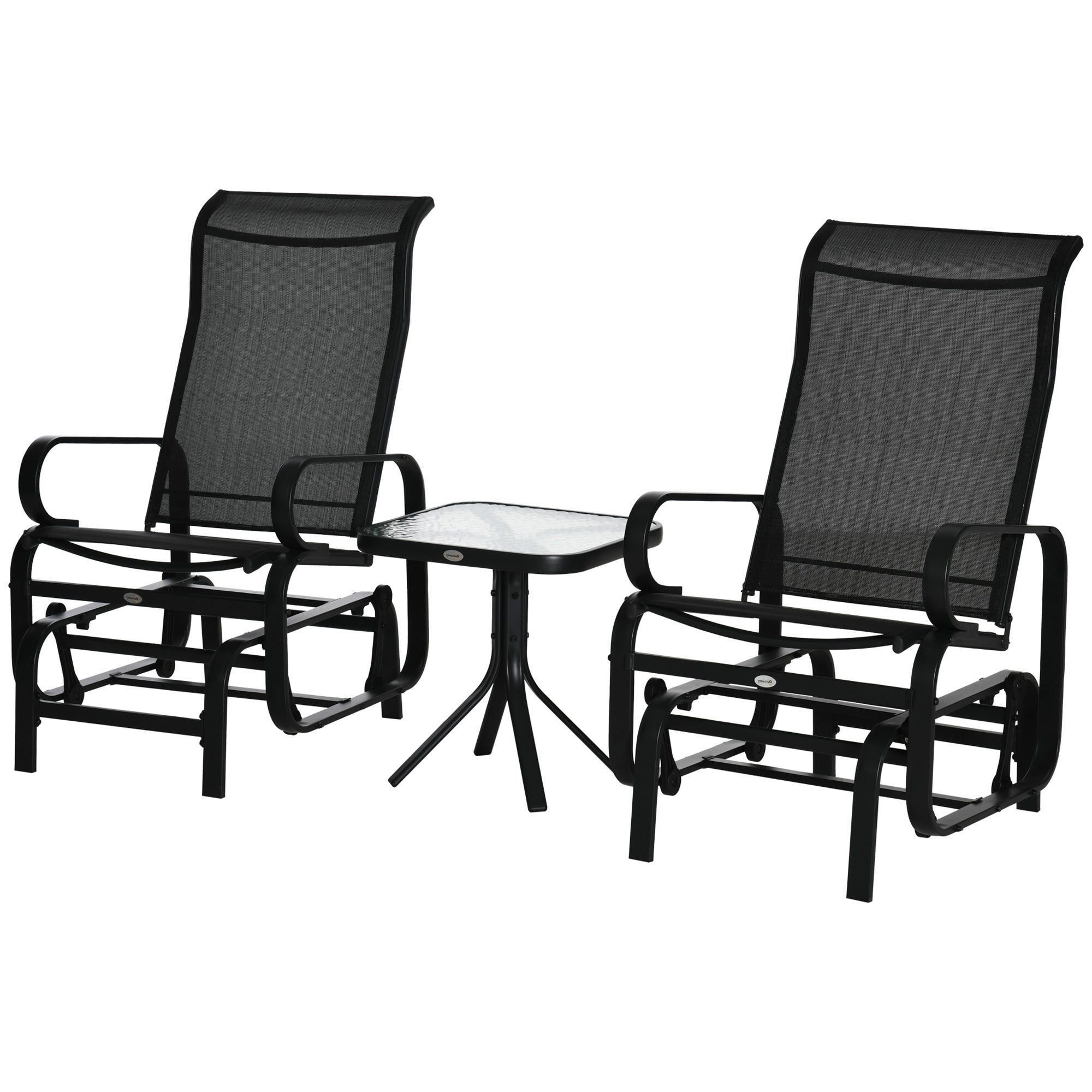 MCL Pieces Garden Gliding Chair Set, Metal Frame Single Armchair Swing Seater and Glass Top Coffee Table w Breath Mesh Fabric Seat