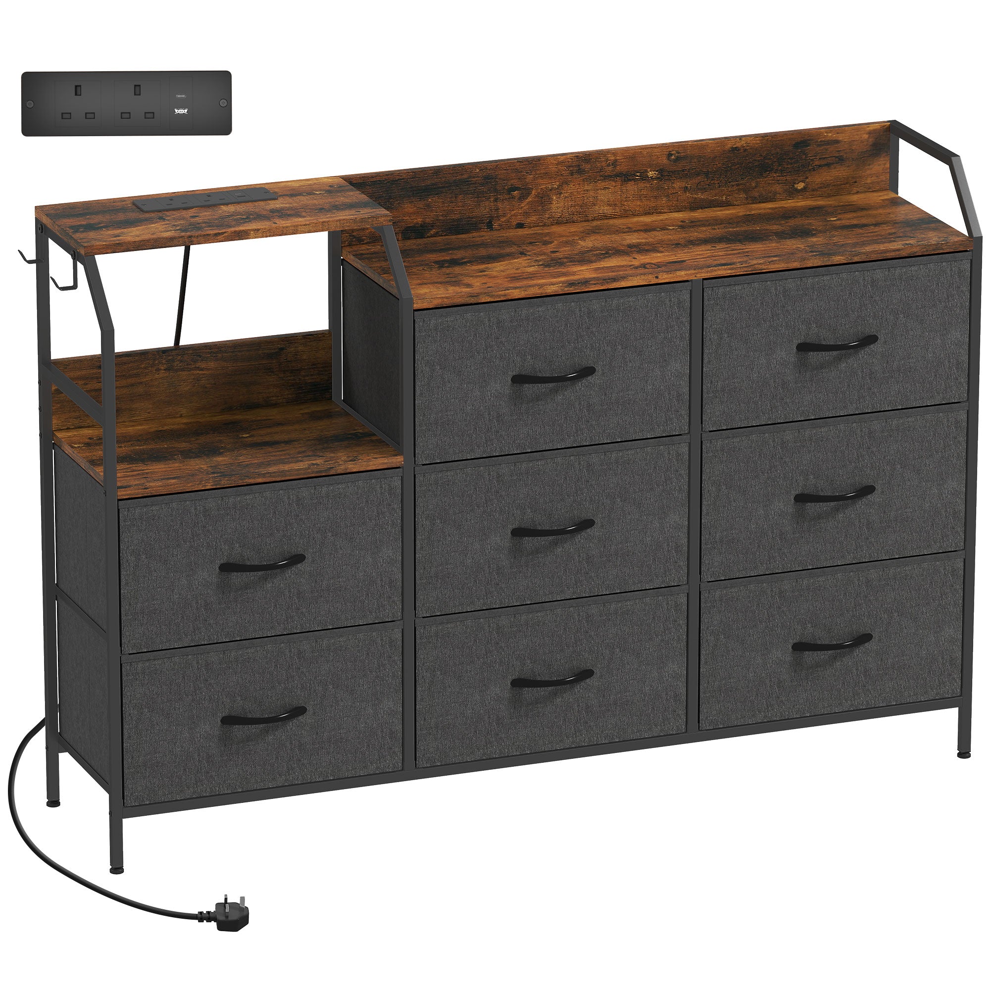 Chest of Eight Drawers, with Charging Station - Rustic Brown and Black