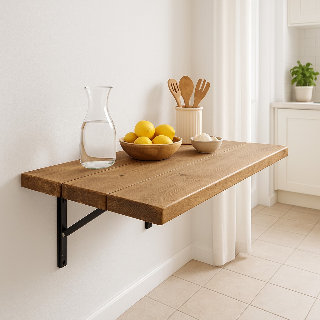 Foldable Wall-Mounted Solid Wood Table Rustic Wood with Heavy-Duty Black Brackets Space-Saving Desk for Kitchen, - LxW Light Oak