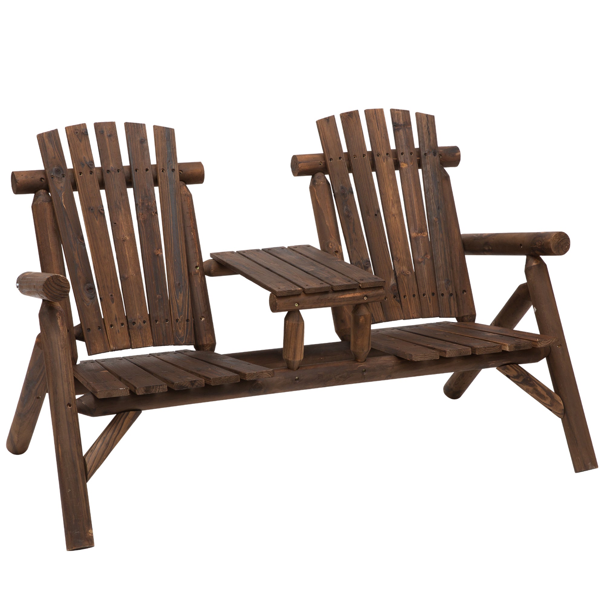 MCL Wood Patio Chair Bench Seats Jack and Jill Seat w Center Coffee Table, Garden Bench, Carbonized