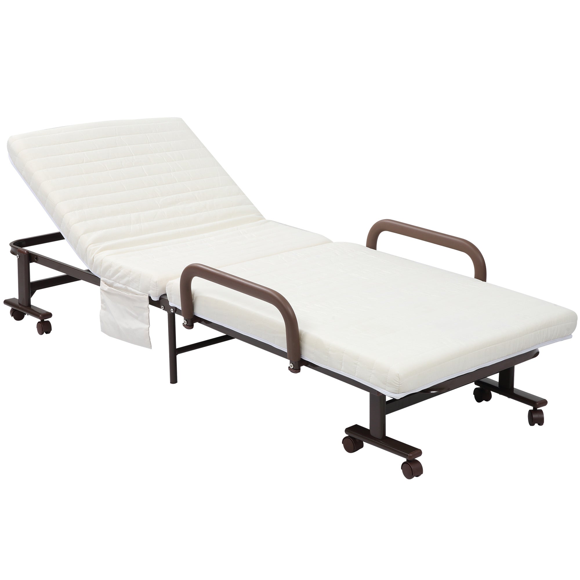 MCL Folding Bed with Mattress, Single Guest Bed, Portable Fold Bed with Adjustable Backrest, Metal Frame on Wheels, White, x