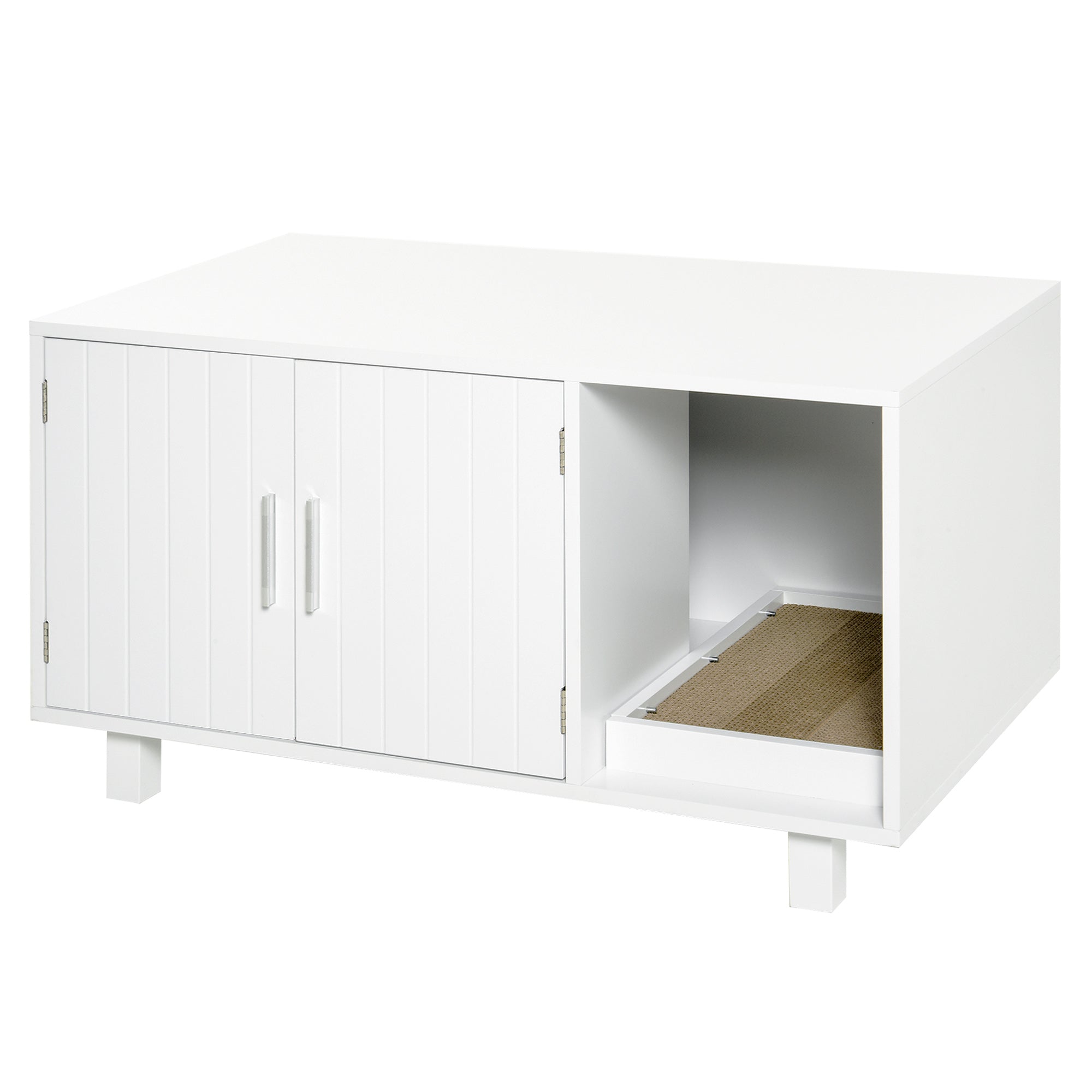 MCL Wooden Cat Litter Box Enclosure & House with NightstandEnd Table Design, Scratcher, & Magnetic Doors, White