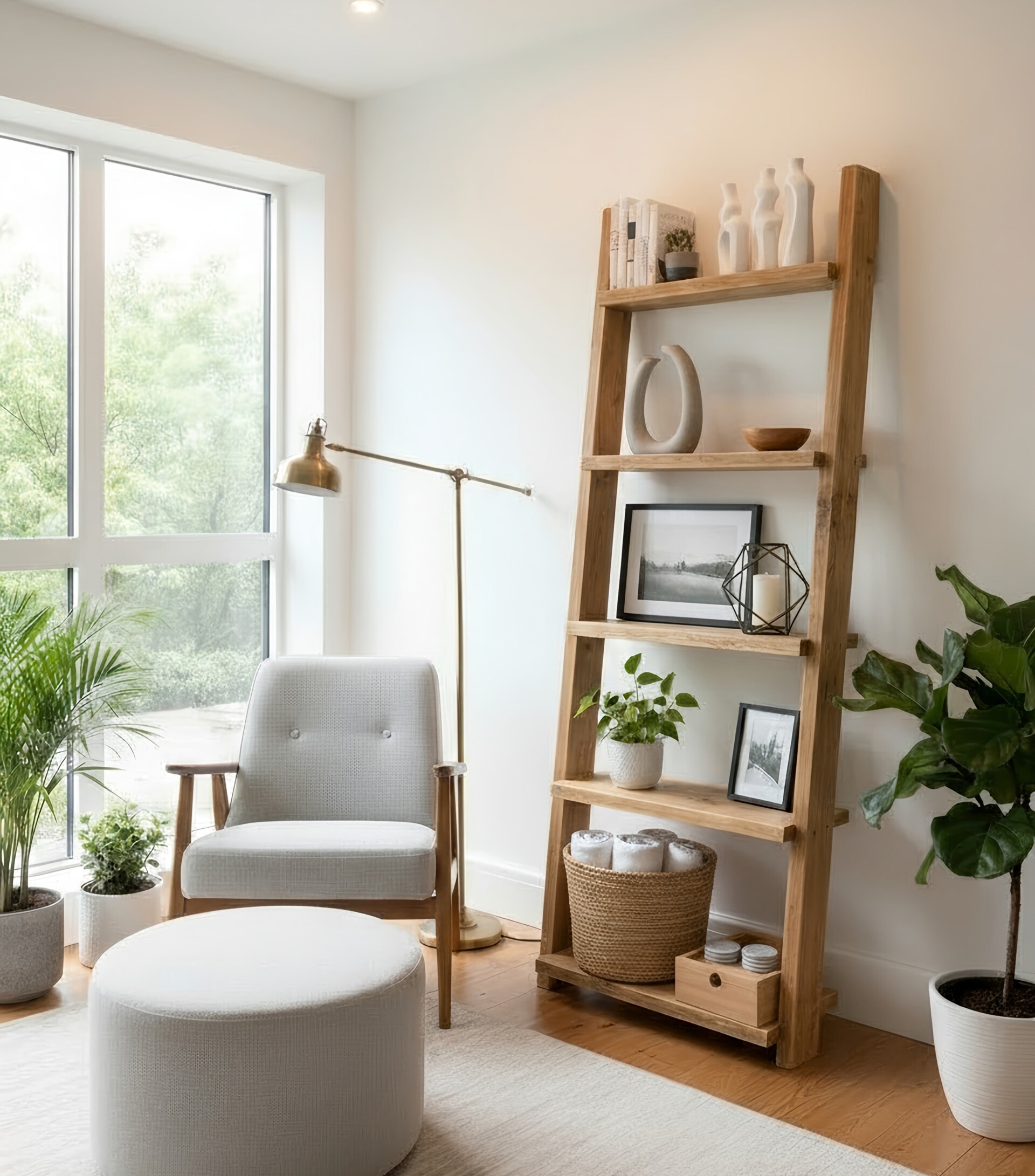 Ladder Solid Wood Bookshelf Natural Finish Open Bookcase, Rustic Scandinavian Design - Light Oak H Shelves