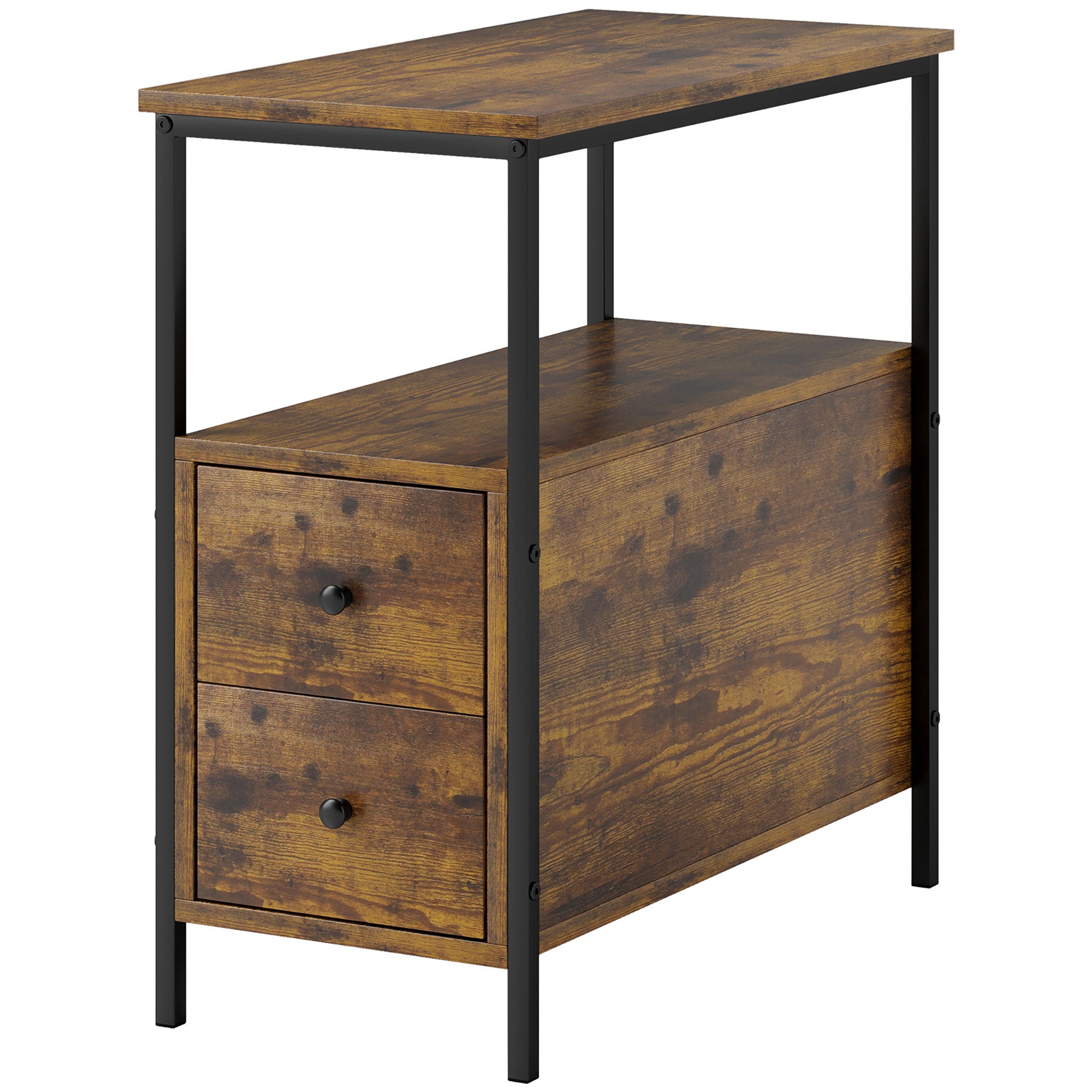 MCL Side Table, Narrow Bedside Table with Drawers and Storage Shelf, Industrial End Table with Metal Frame for Small Spaces, Rustic