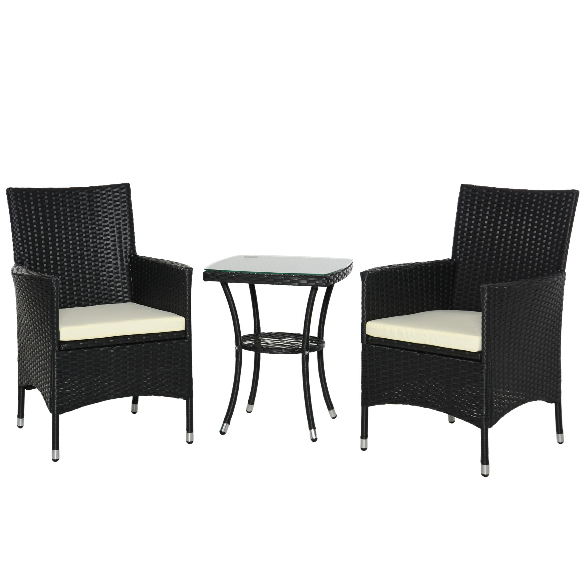 MCL Pieces Rattan Bistro Set, Wicker Garden Furniture Set with -Tier Coffee Table and Chairs, Cushions, for Outdoor Patio Balcony, Black