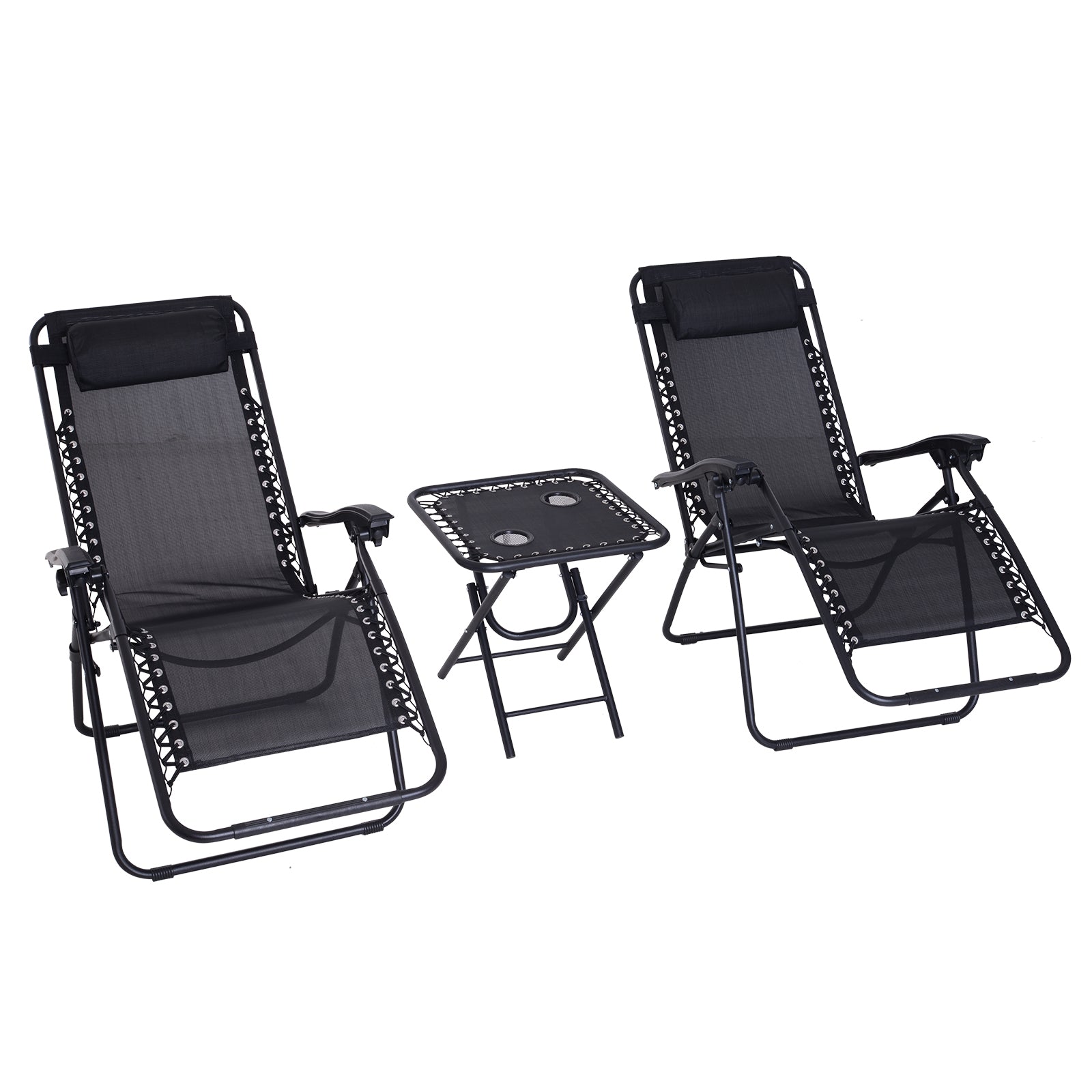 MCL Folding Zero Gravity Chairs, Pieces Adjustable Sun Lounger and Table Set with Cup Holder and Headrest, Patio Bistro Set with Reclining Garden