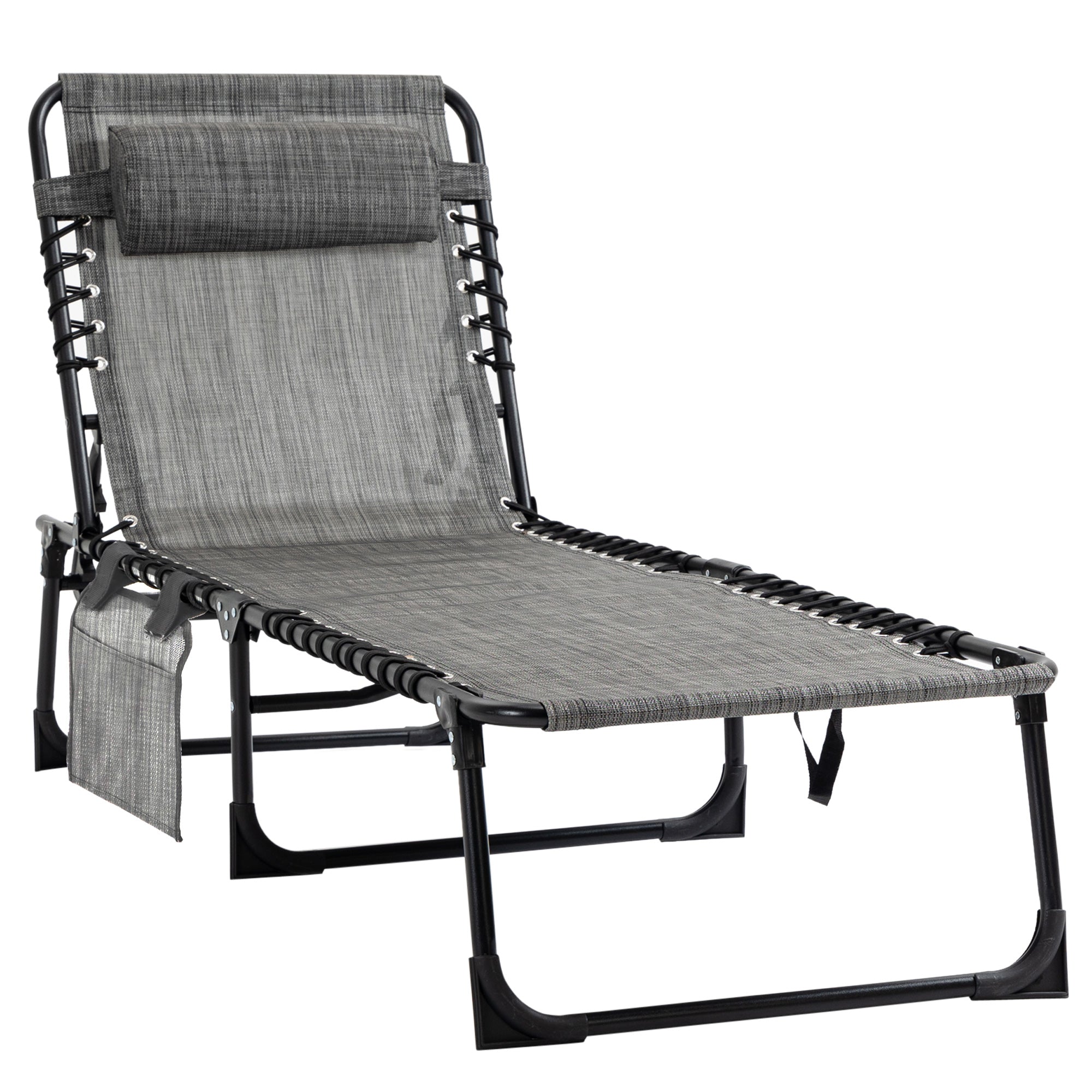 MCL Portable Sun Lounger, Folding Camping Bed Cot, Reclining Lounge Chair -position Adjustable Backrest with Side Pocket, Pillow for