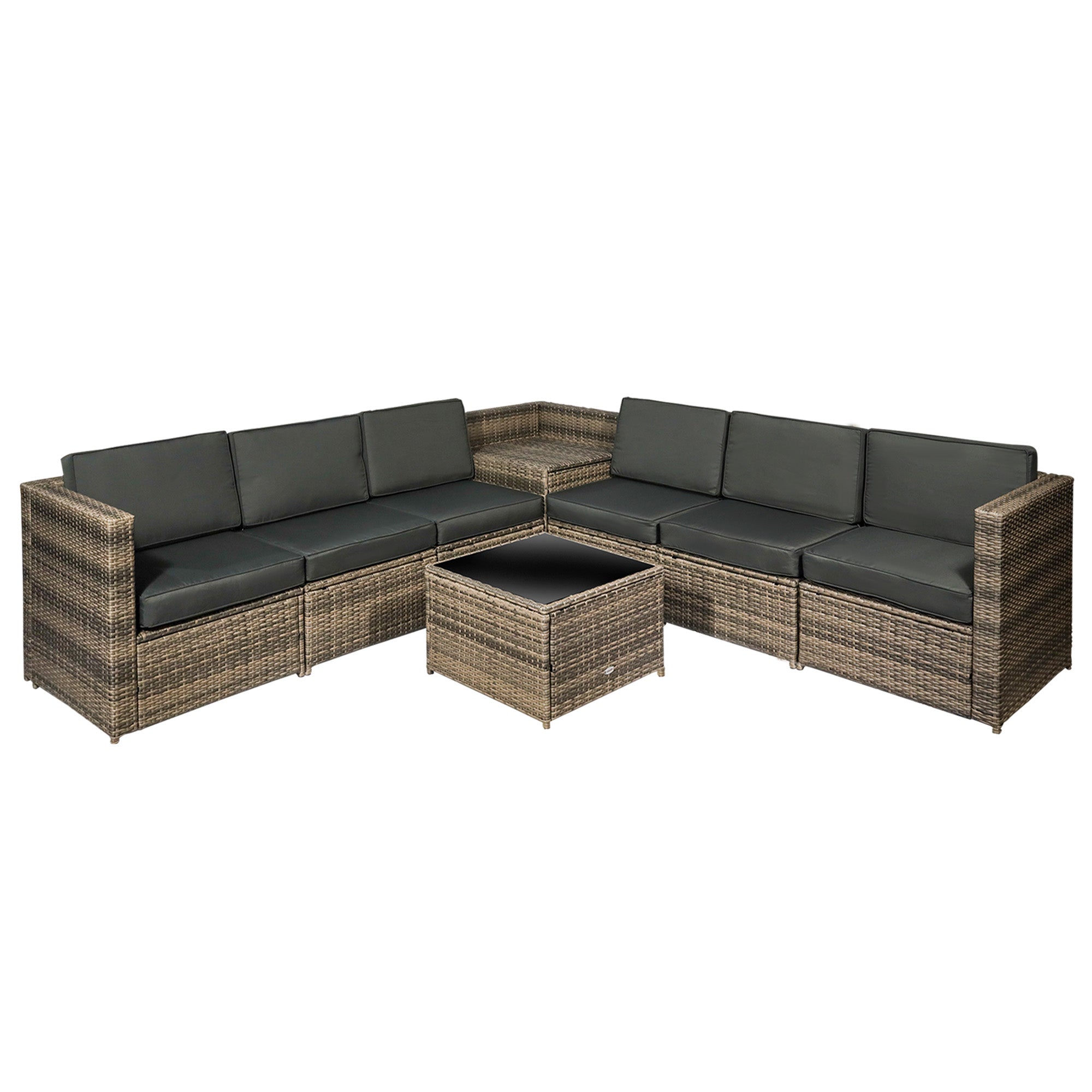 MCL Pieces Outdoor PE Rattan Sofa Set with Cushions, Patio Garden Furniture Sets with Glass Top Coffee Table, Storage Corner Table, Mixed Brown