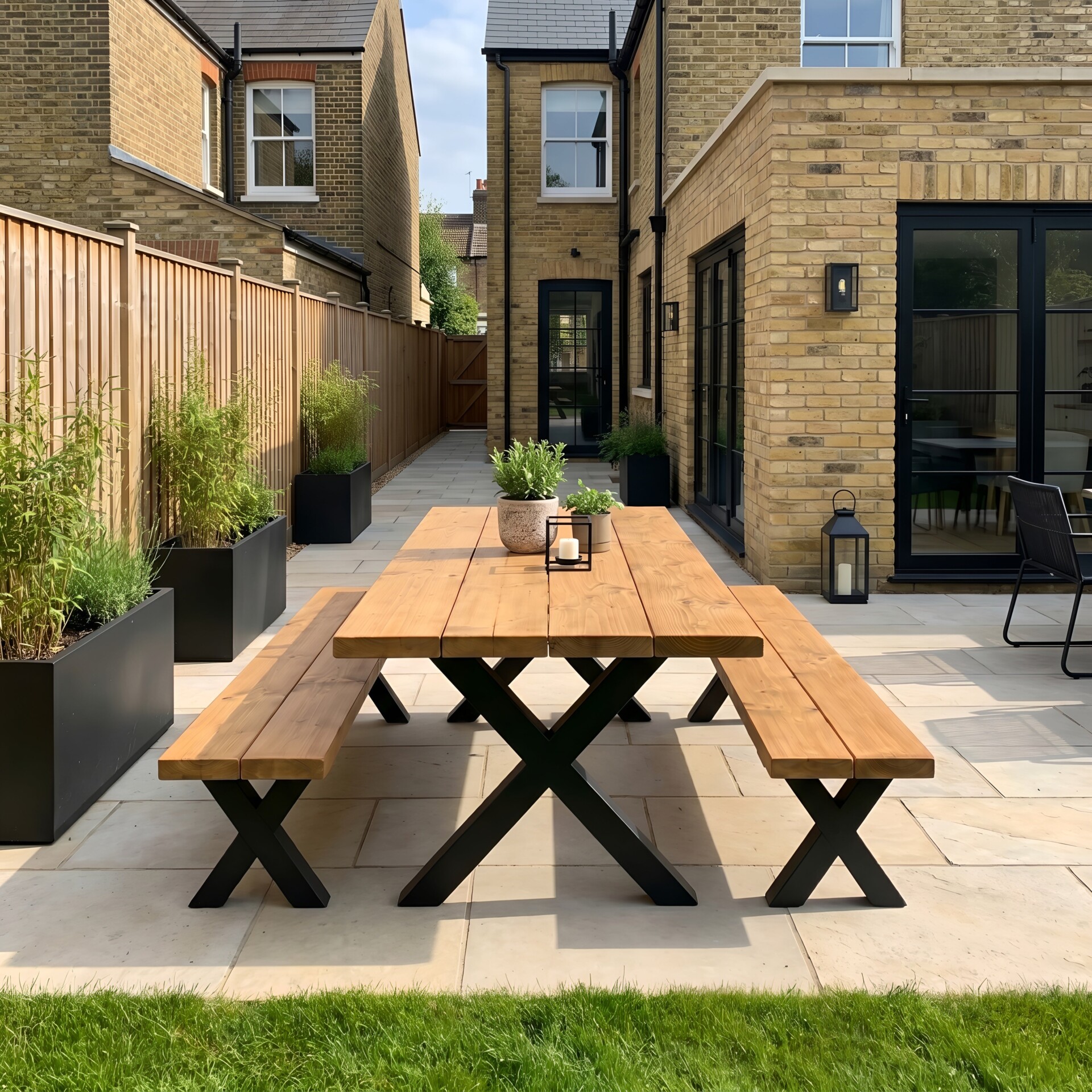 Outdoor Farmhouse Dining Table With Bench and Black Metal Cross Legs - Light Oak x Table + Bench