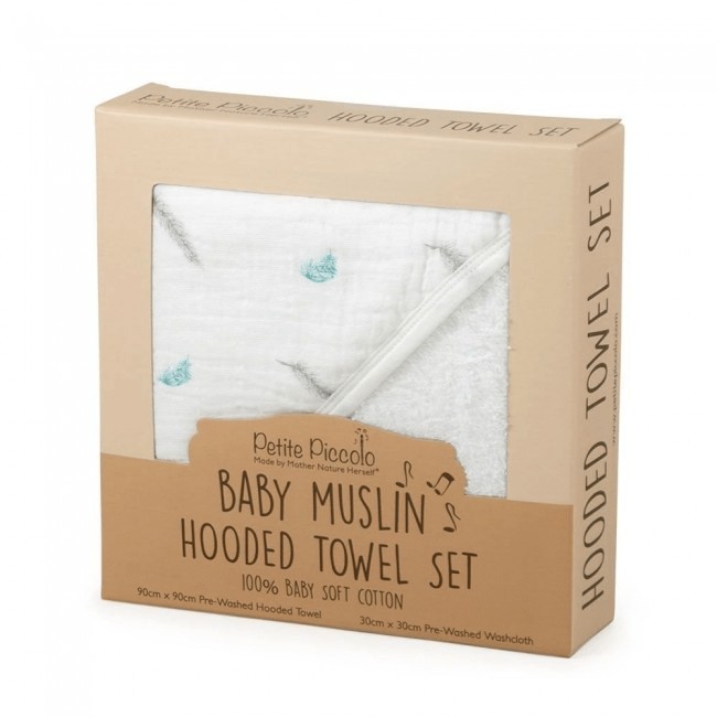 Petite Piccolo Hooded Bath Towel & Washcloth Set Feathers