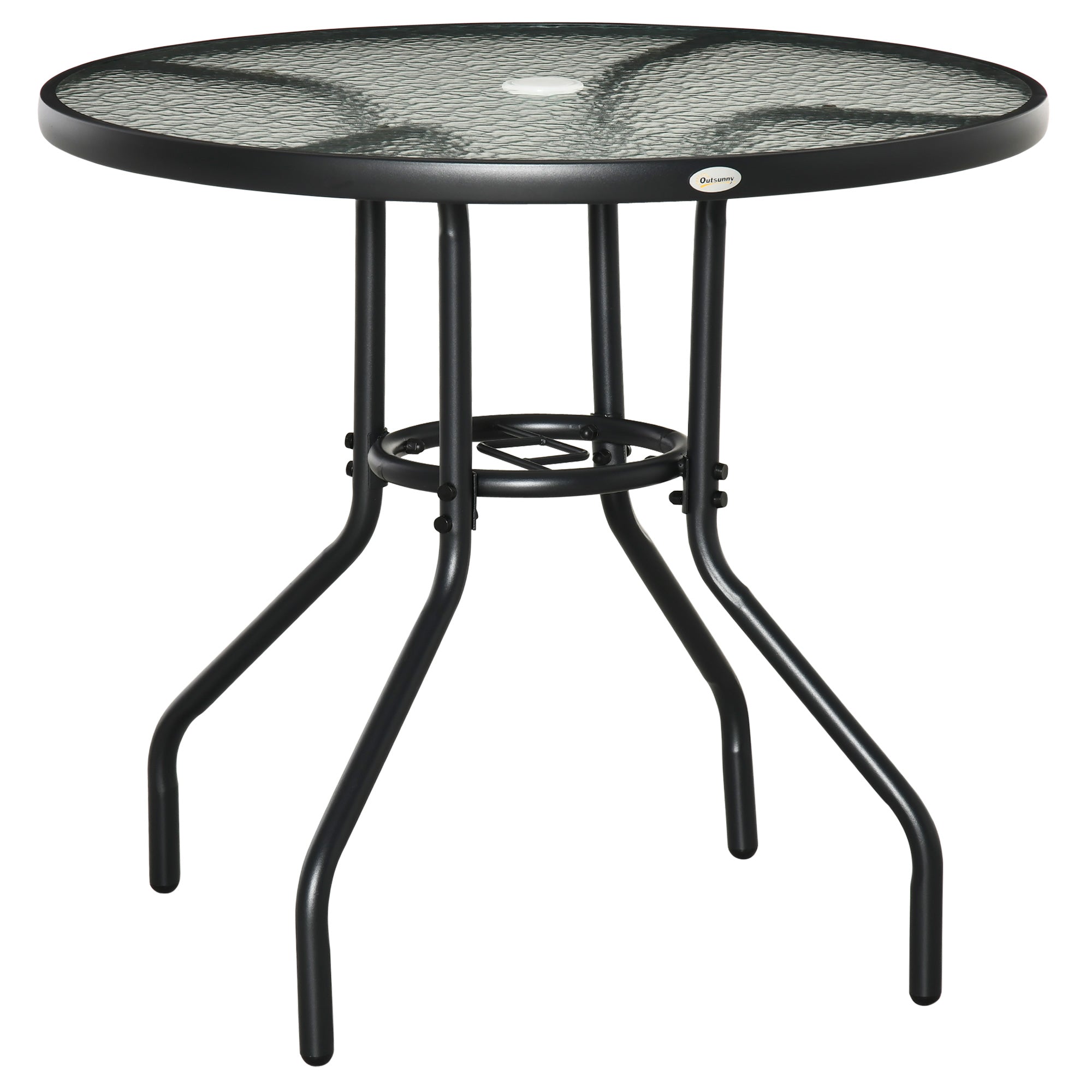 MCL Outdoor Round Dining Table Tempered Glass Top Steel Frame Bistro Coffee End Side Table Garden w Parasol Hole