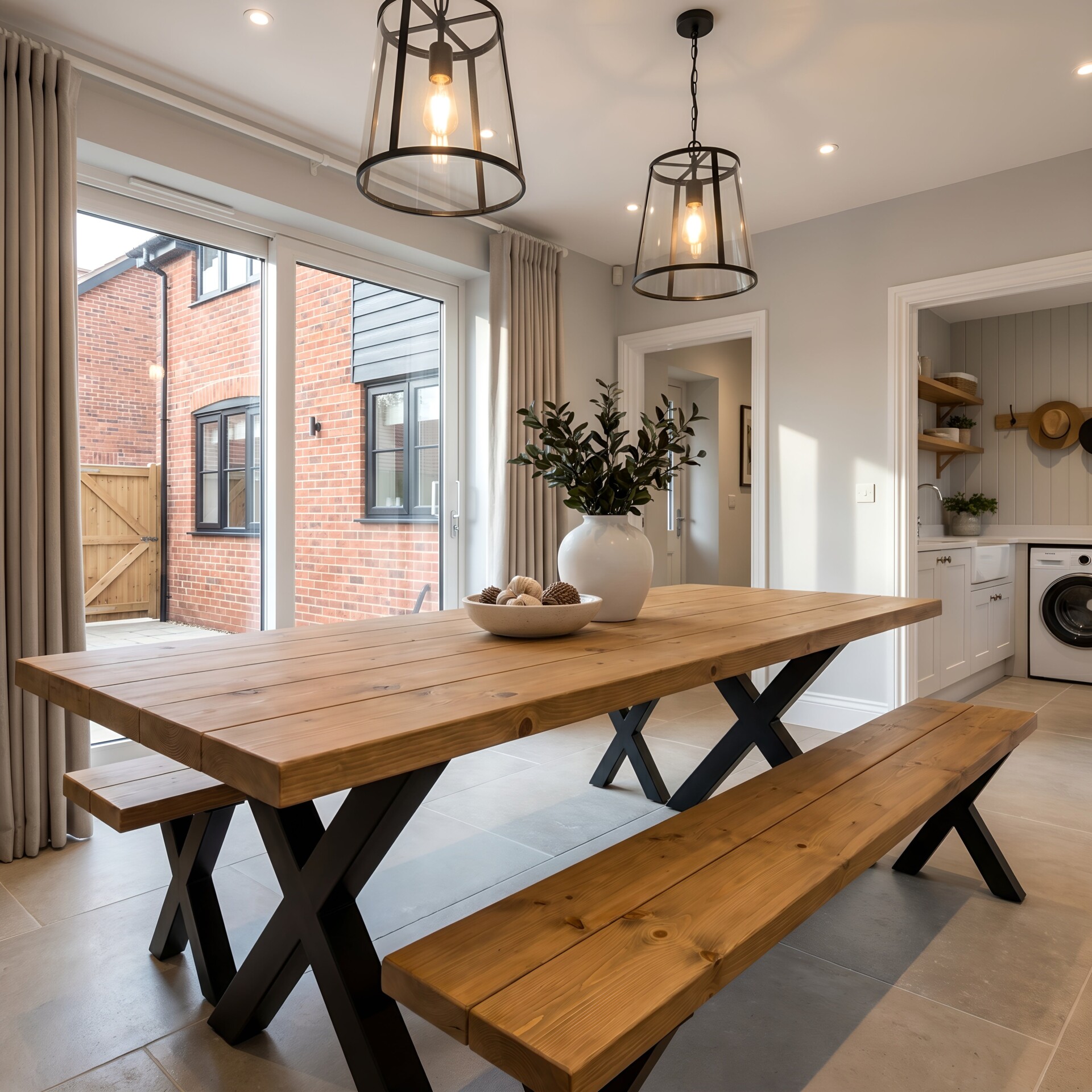 Farmhouse Dining Table With Bench and Black Metal Cross Legs - Light Oak x Table
